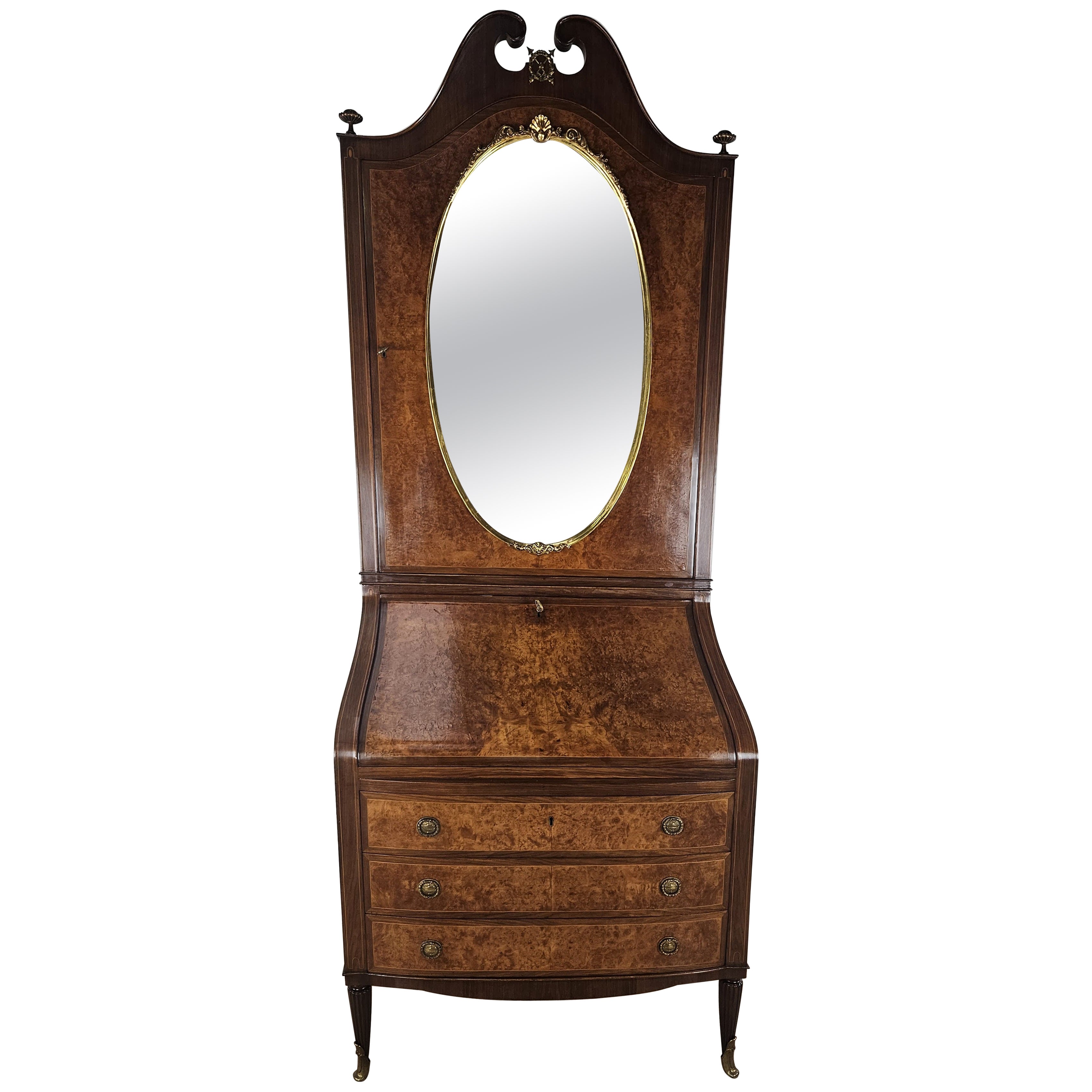 Trumeau mid-20th century inlaid wood and machined brass