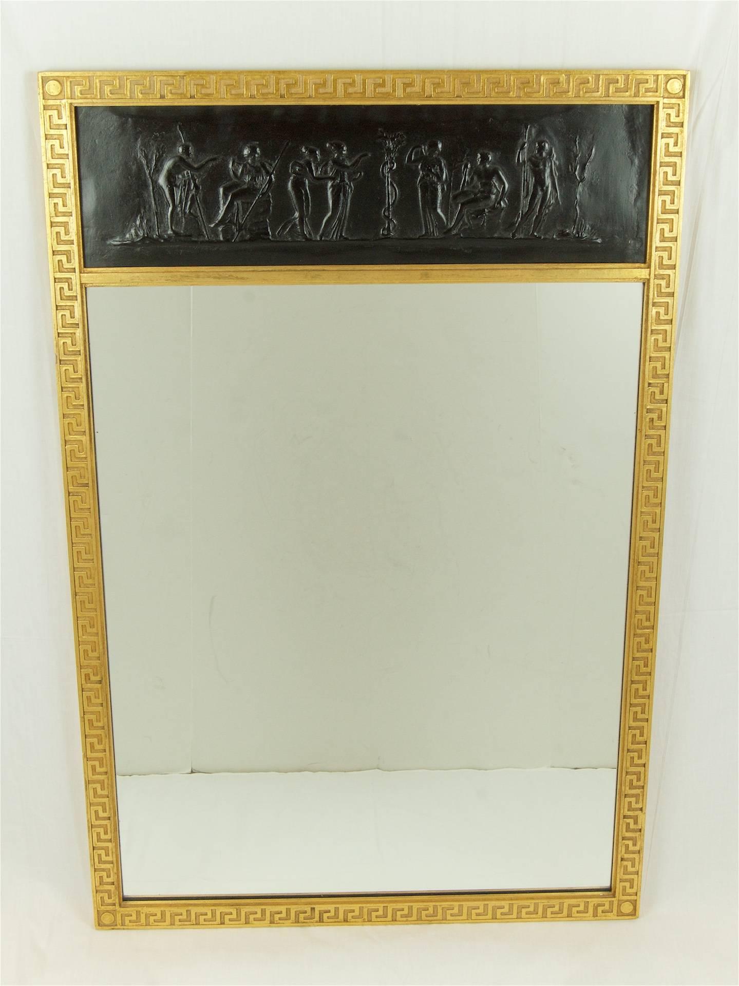 Hollywood Regency Trumeau Mirror with Gilt Greek Key Frame For Sale