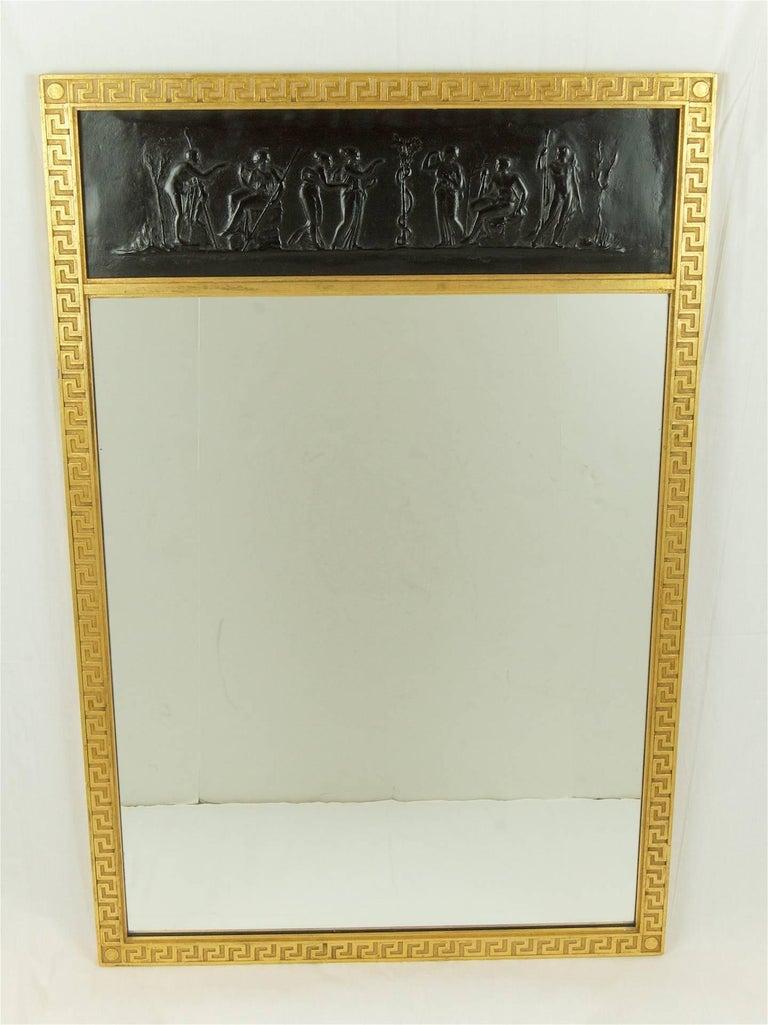 Hollywood Regency Trumeau Mirror with Gilt Greek Key Frame