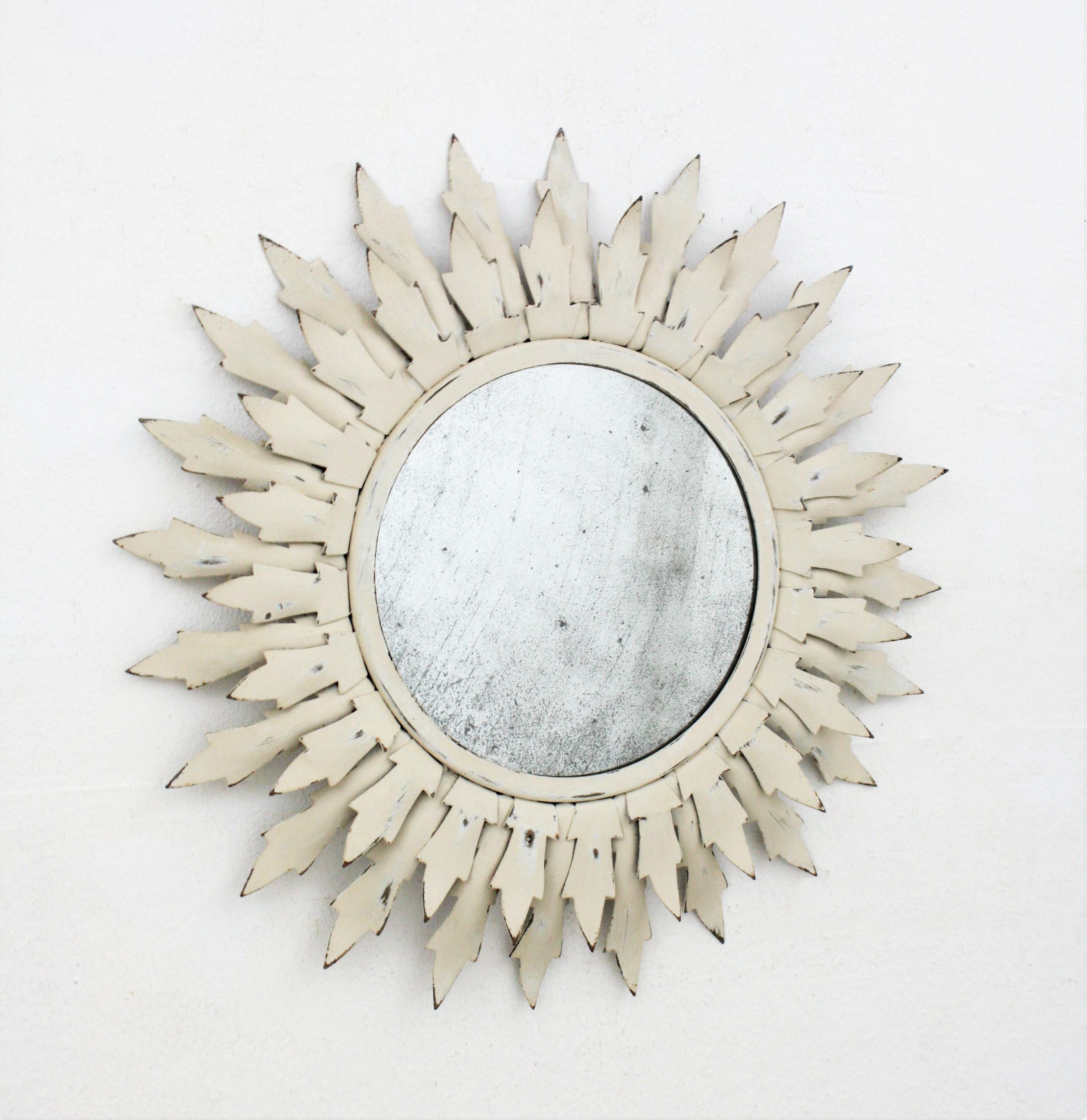 Iron Trumeau Sunburst Mirror / Wall Decoration in White Patina For Sale