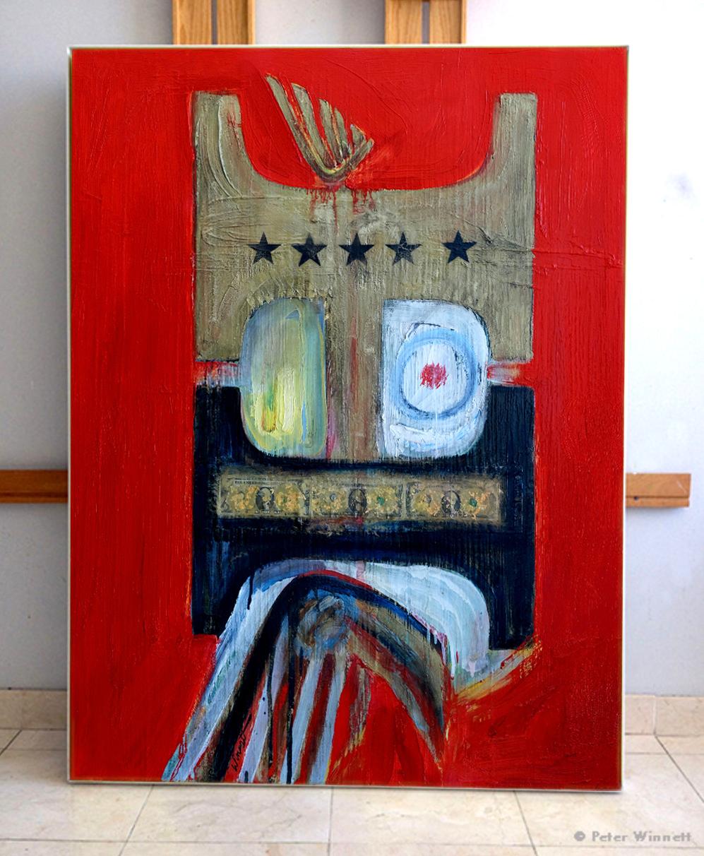 An original contemporary art painting by Canadian artist Peter Winnett expressing the archetype of wrath. An icon of an immovable anchor of nationalism and old fashioned masculine grandiosity, Trump puts his money where his mouth is. This is the