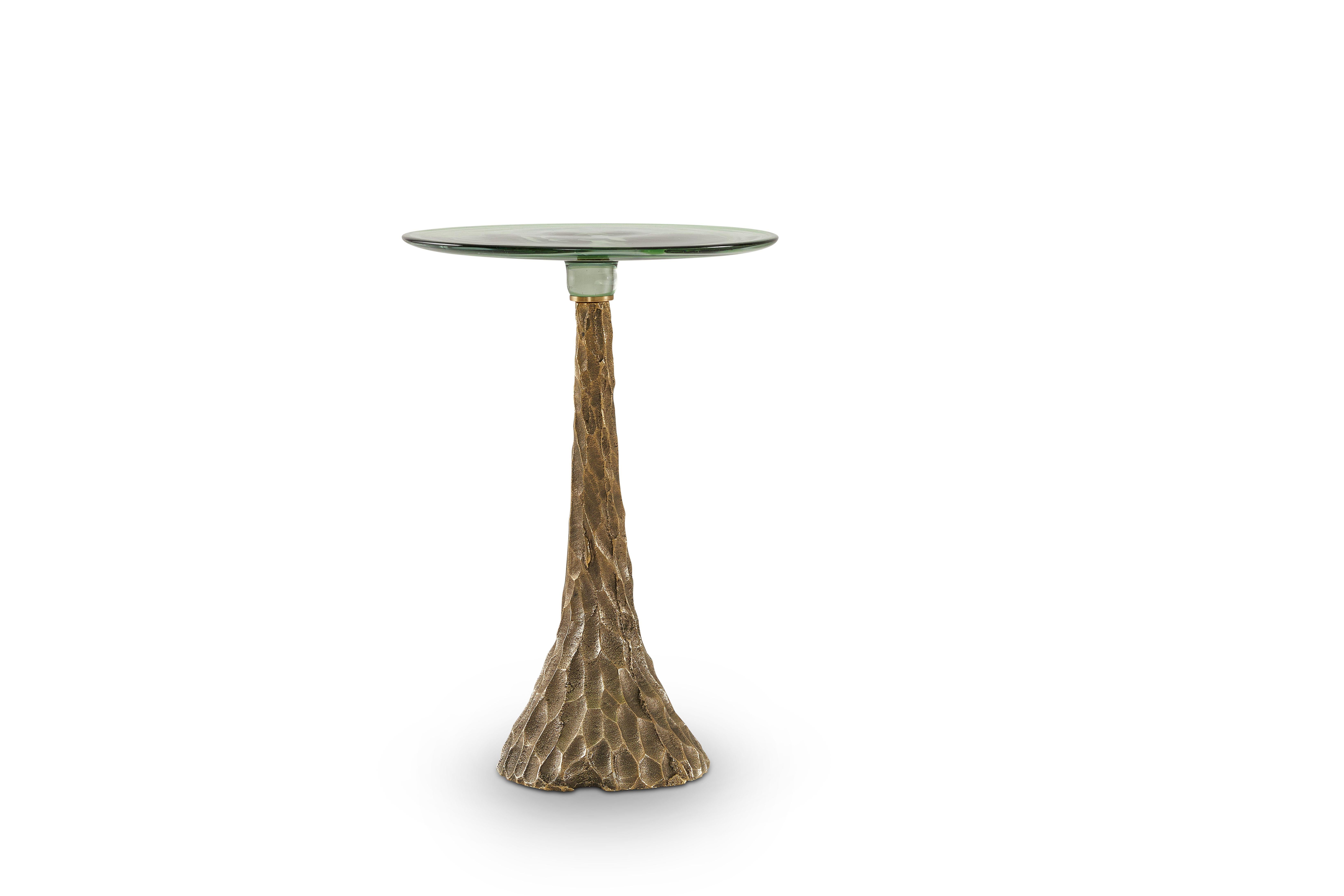Trumpet Medium side table by Egg Designs
Dimensions: 38 L X 38 D X H 54 cm 
Materials: Solid Cast Brass, Hand Blown Glass

Founded by South Africans and life partners, Greg and Roche Dry - Egg is a unique perspective in contemporary furniture