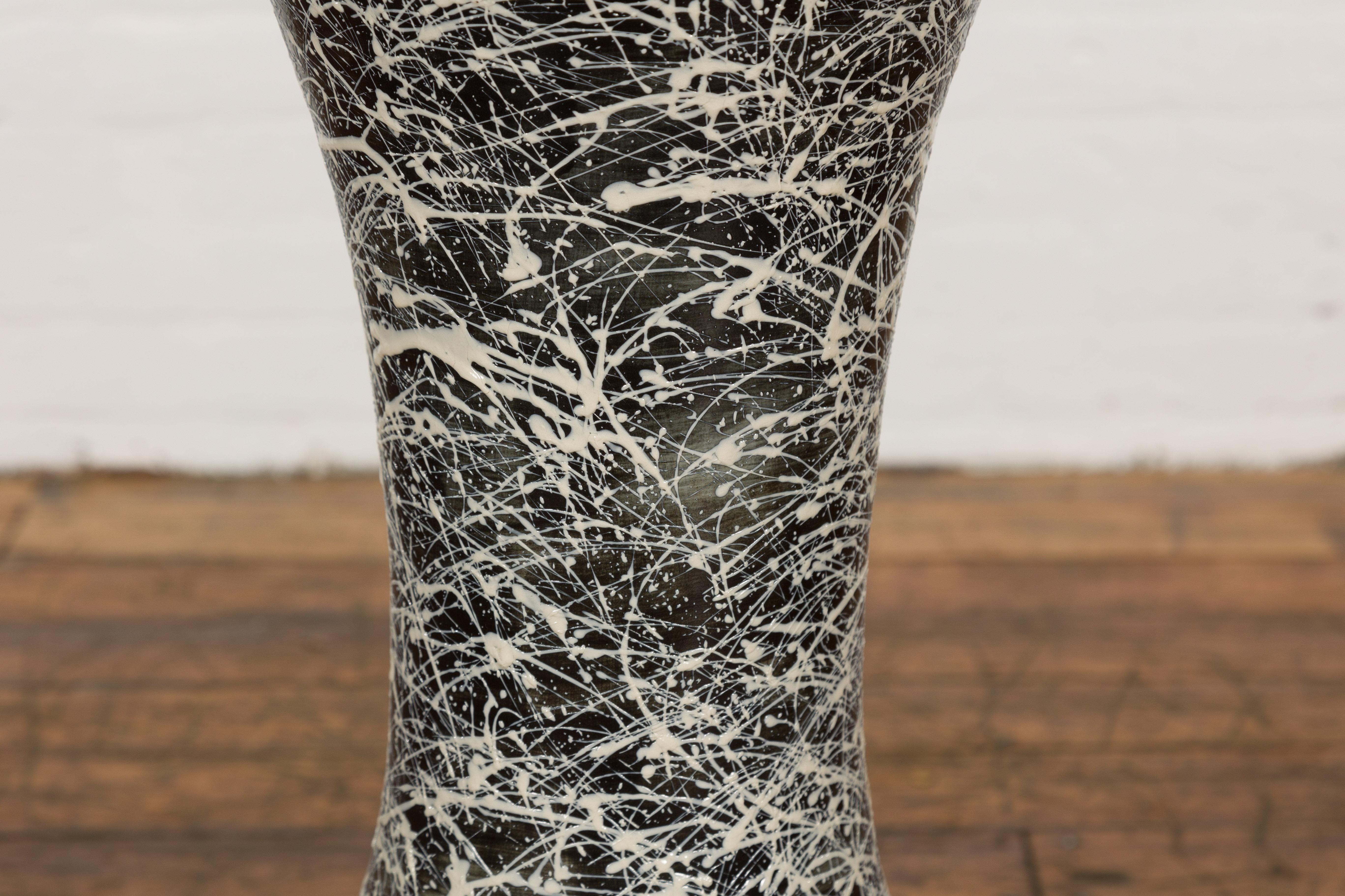 Contemporary Trumpet Shaped Textured Black and White Splattered Ceramic Planter For Sale