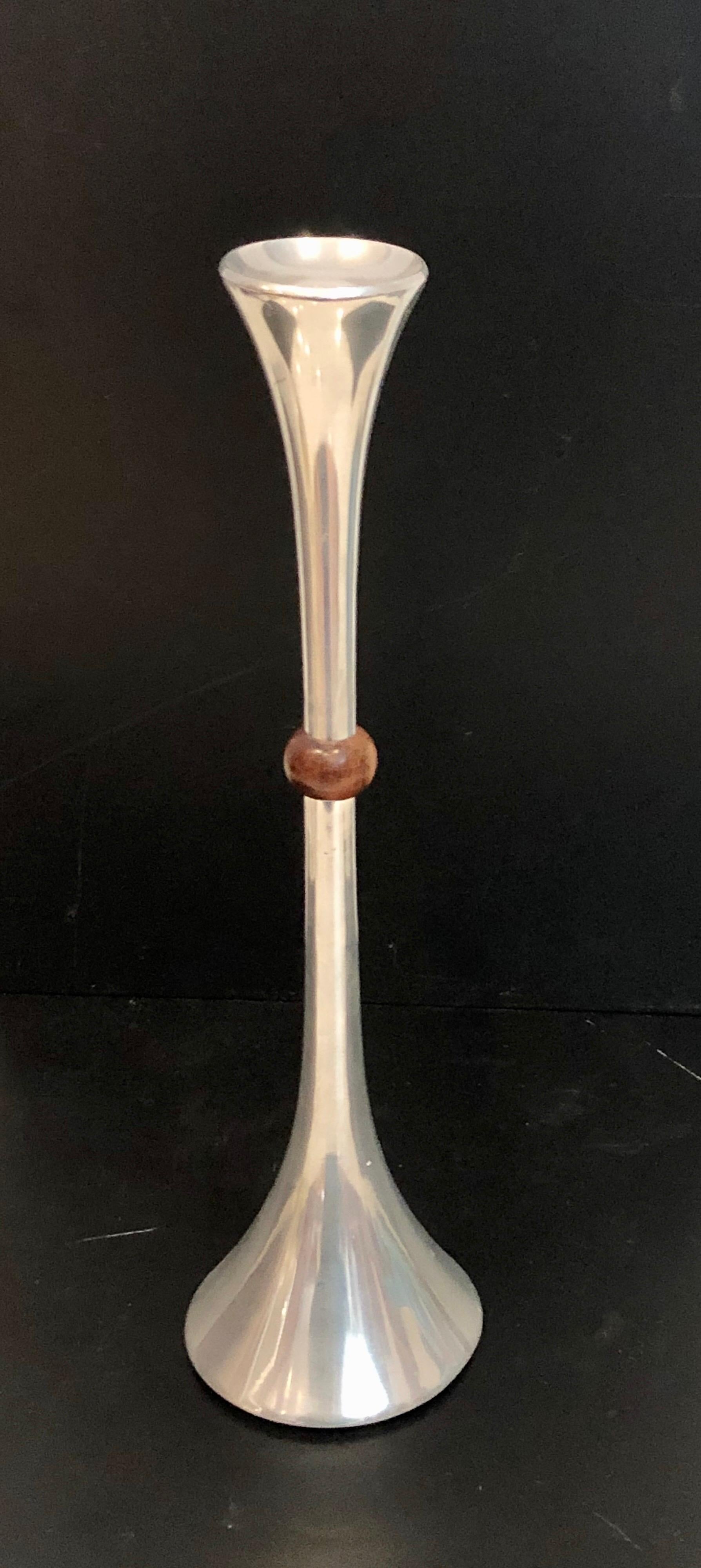 Scandinavian Modern Trumpet Tall Candleholder Designed by Quistgaard for Dansk Aluminum and Walnut For Sale