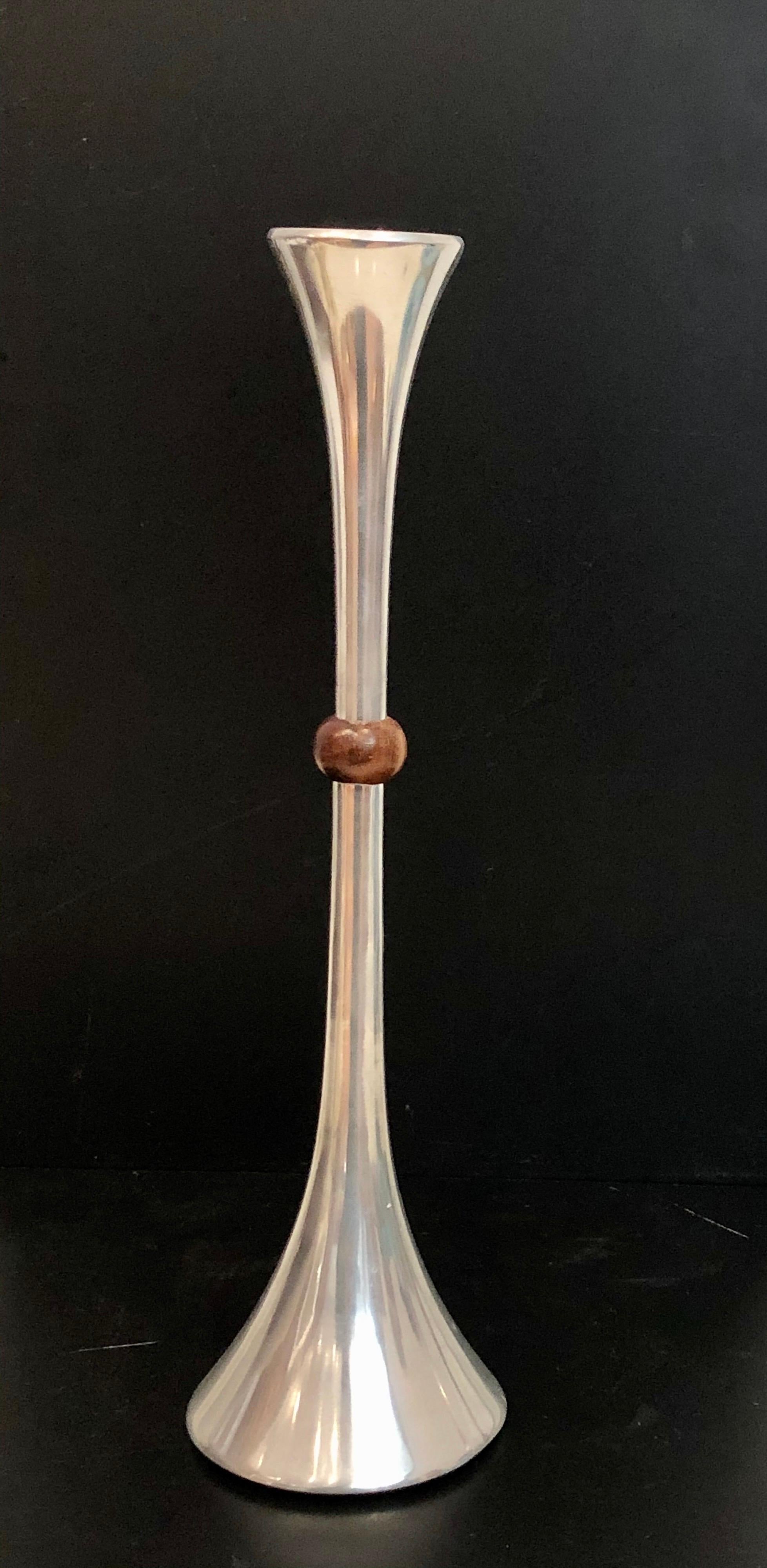 Danish Trumpet Tall Candleholder Designed by Quistgaard for Dansk Aluminum and Walnut For Sale