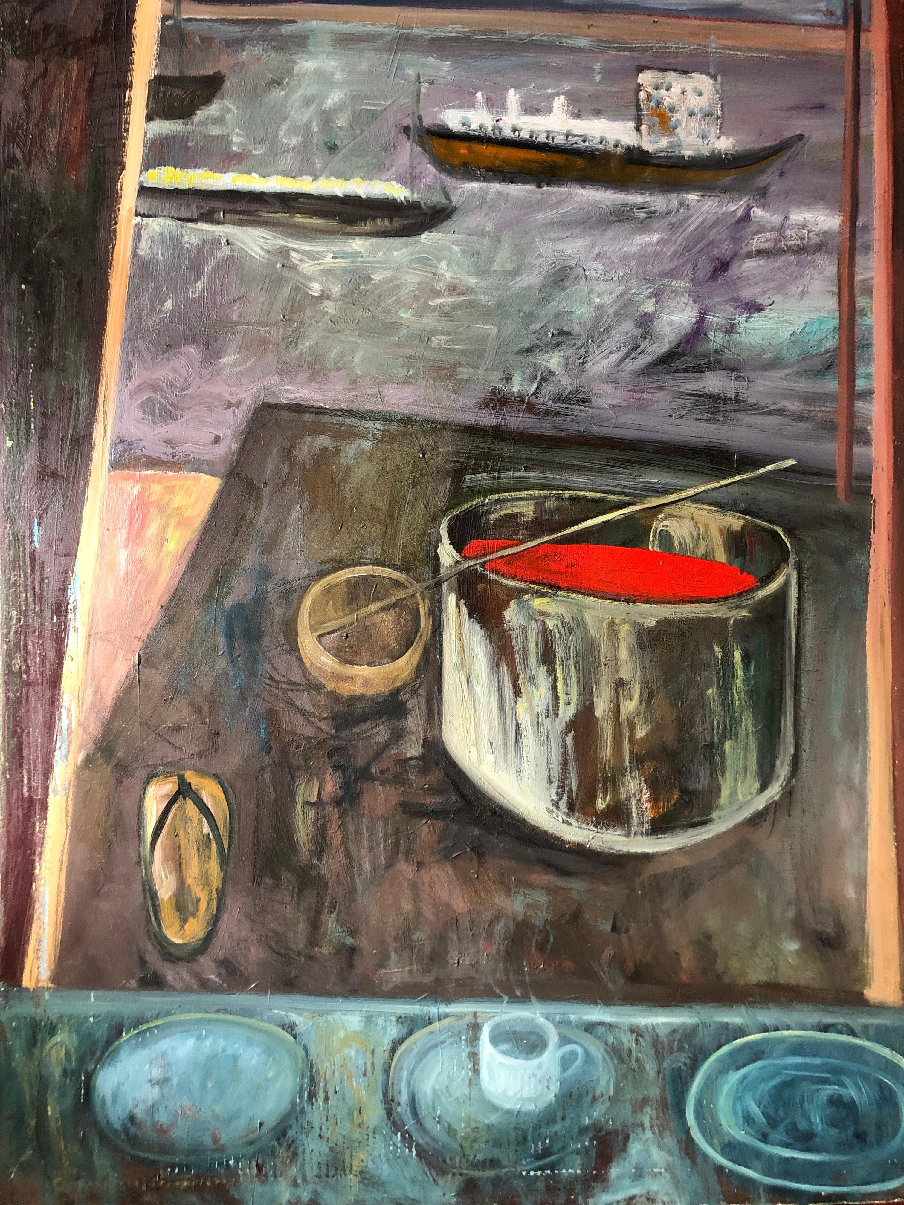 Grand artiste de la scène de paysage de la baie de San Francisco « Two Ships Passing » (Deux navires traversant la baie) - Modernisme américain Painting par Trung Quoc Tran