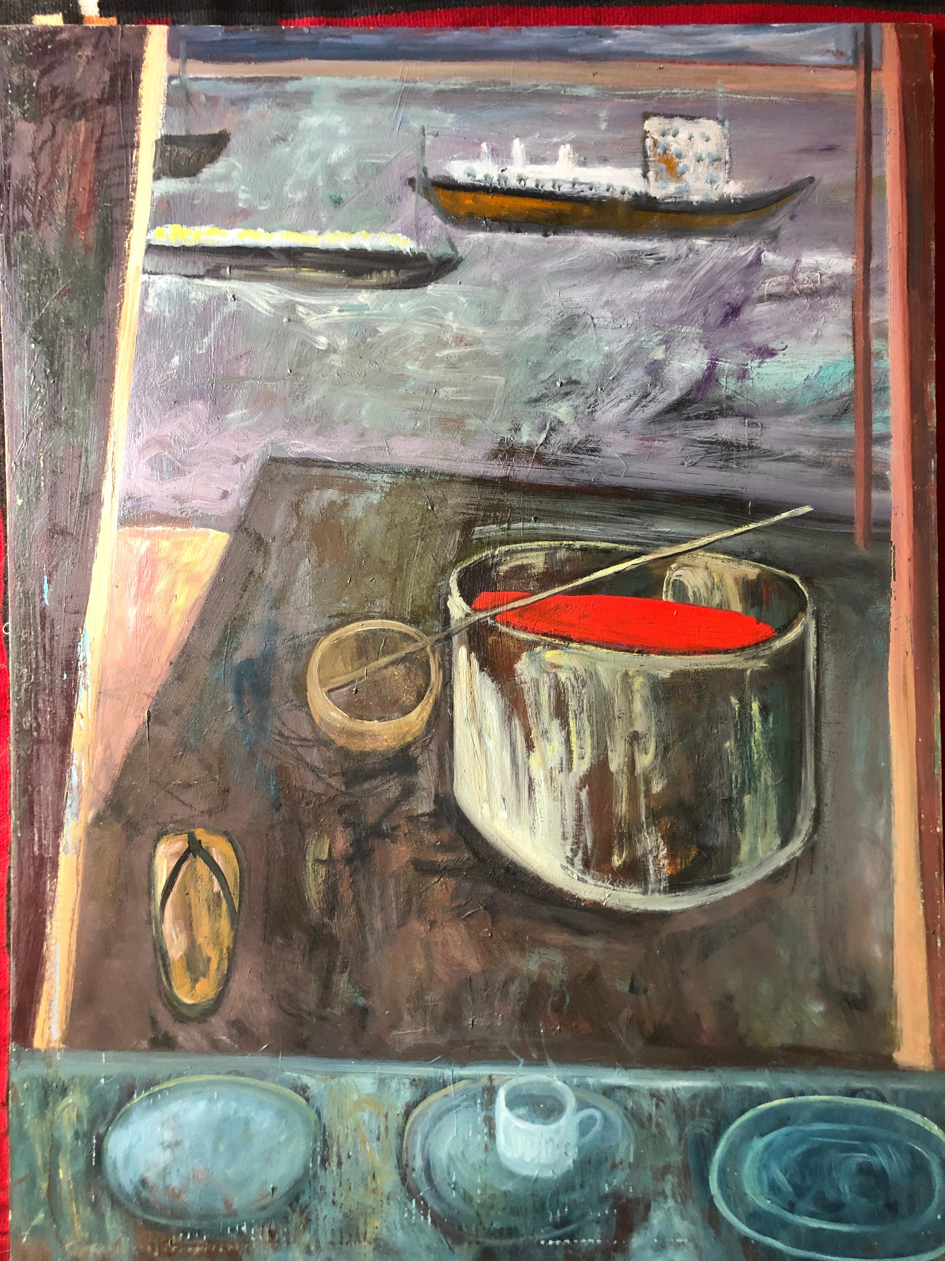 Grand artiste de la scène de paysage de la baie de San Francisco « Two Ships Passing » (Deux navires traversant la baie) - Gris Still-Life Painting par Trung Quoc Tran
