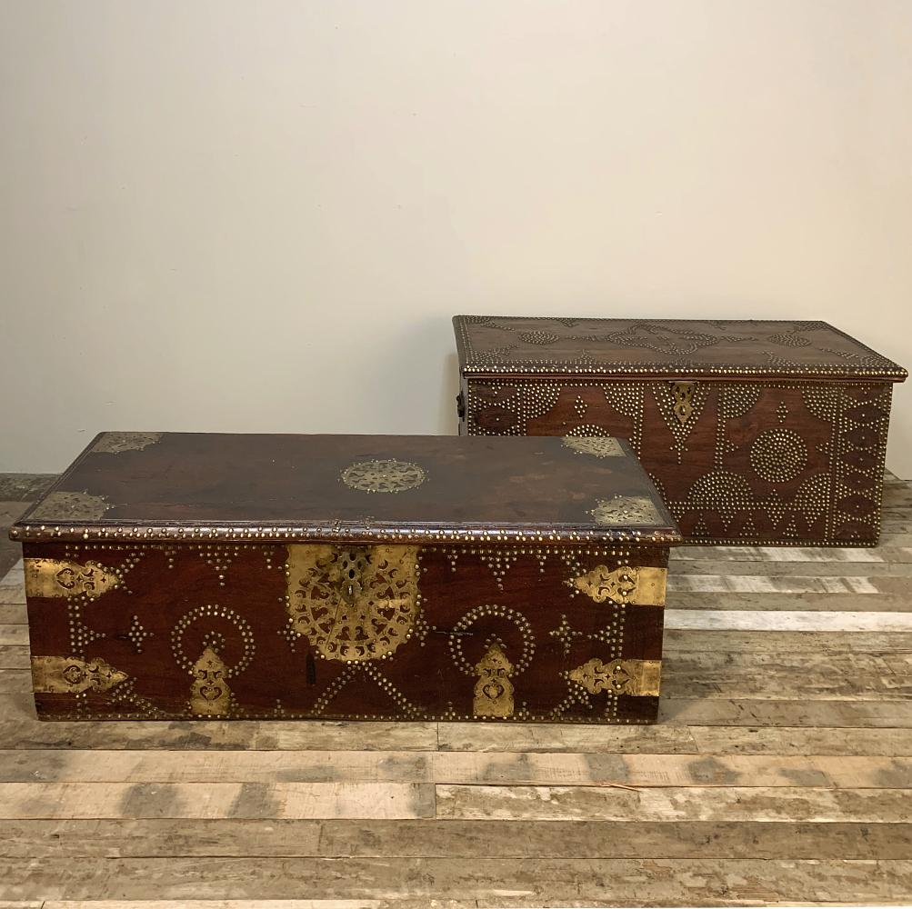 19th century Spanish trunk makes a great coffee table, seat plus storage at the foot of the bed, or under a window. There are so many uses for such a versatile piece we can't list them all! This example features a charming brass tack pattern that