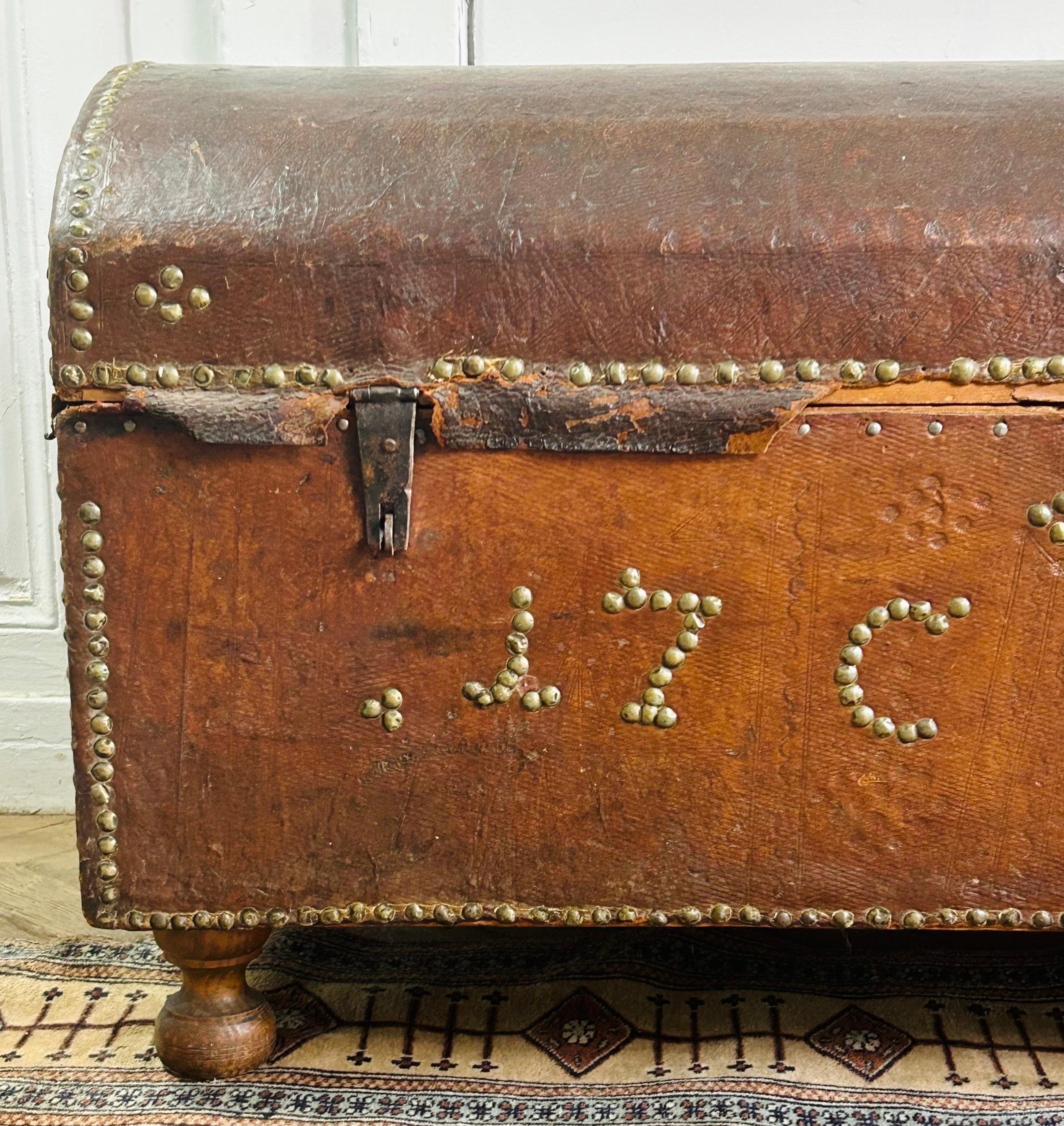 Italian Trunk - Dome Chest Wrapped in Studded Leather - Italy - 18th Louis XV Period