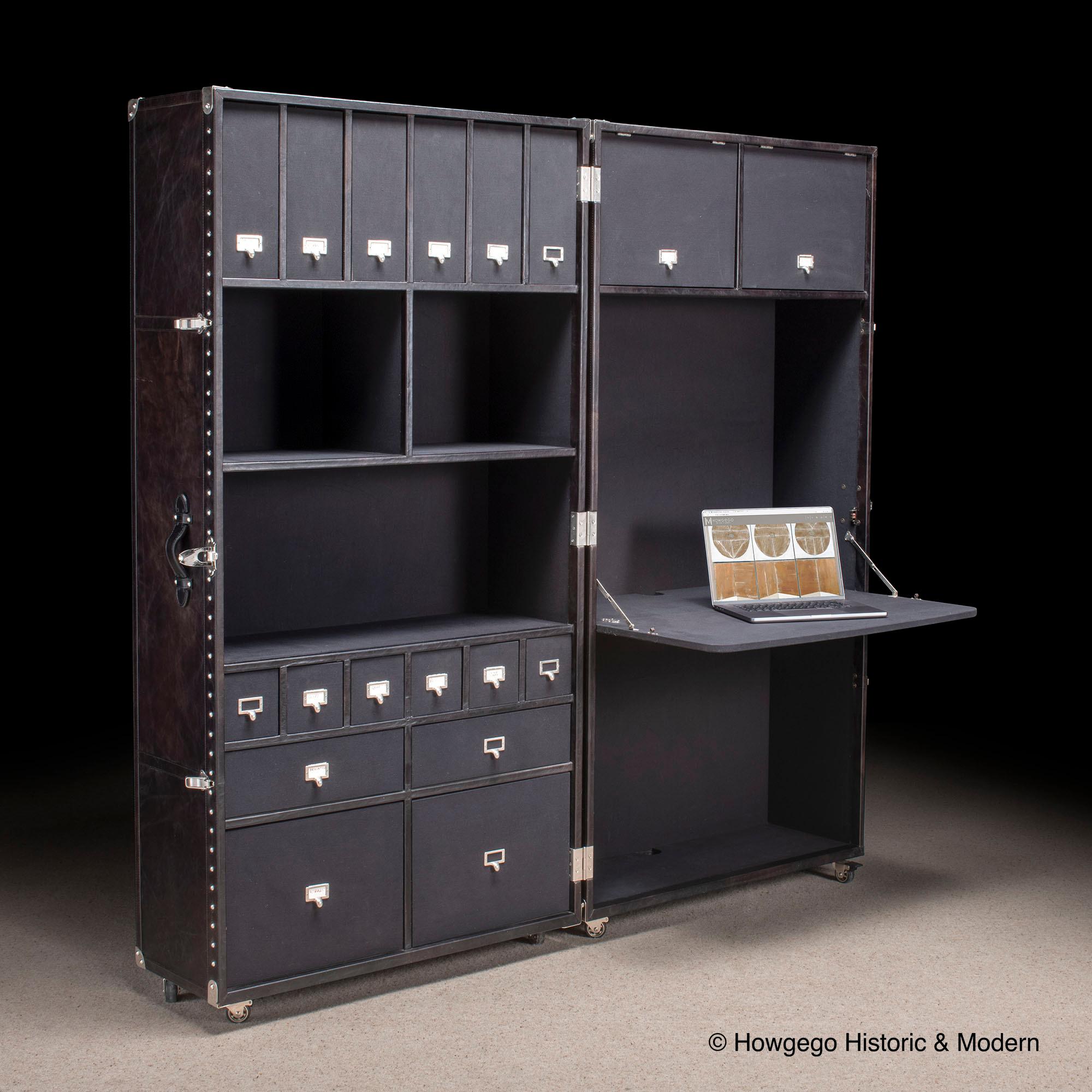 Travel and take your work anywhere, anytime
Funky, fun, ergonomic, mobile office, compact bureau or bookcase for the home or travel to exhibitions or sites
Vintage trunk stylish and beautifully made by Restoration Hardware for Timothy Oulton, no