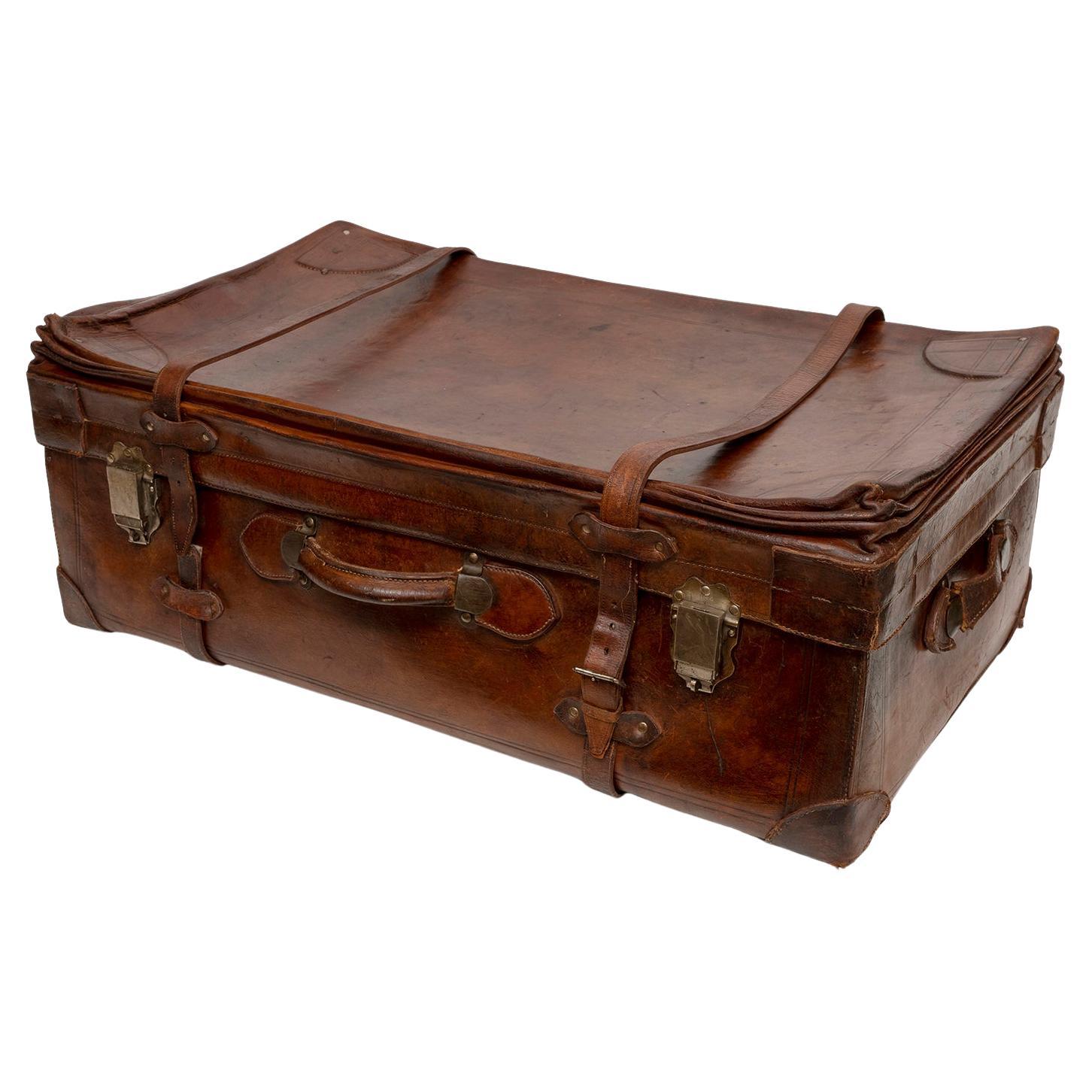 Trunk Steamer Overseas Travel Leather Nickel USA Original Interior 82cm 32" long For Sale