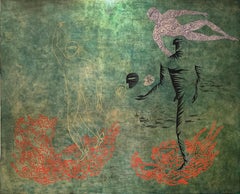 "Beyond The Time" Lacquer on Wood Figurative Green Red Blue