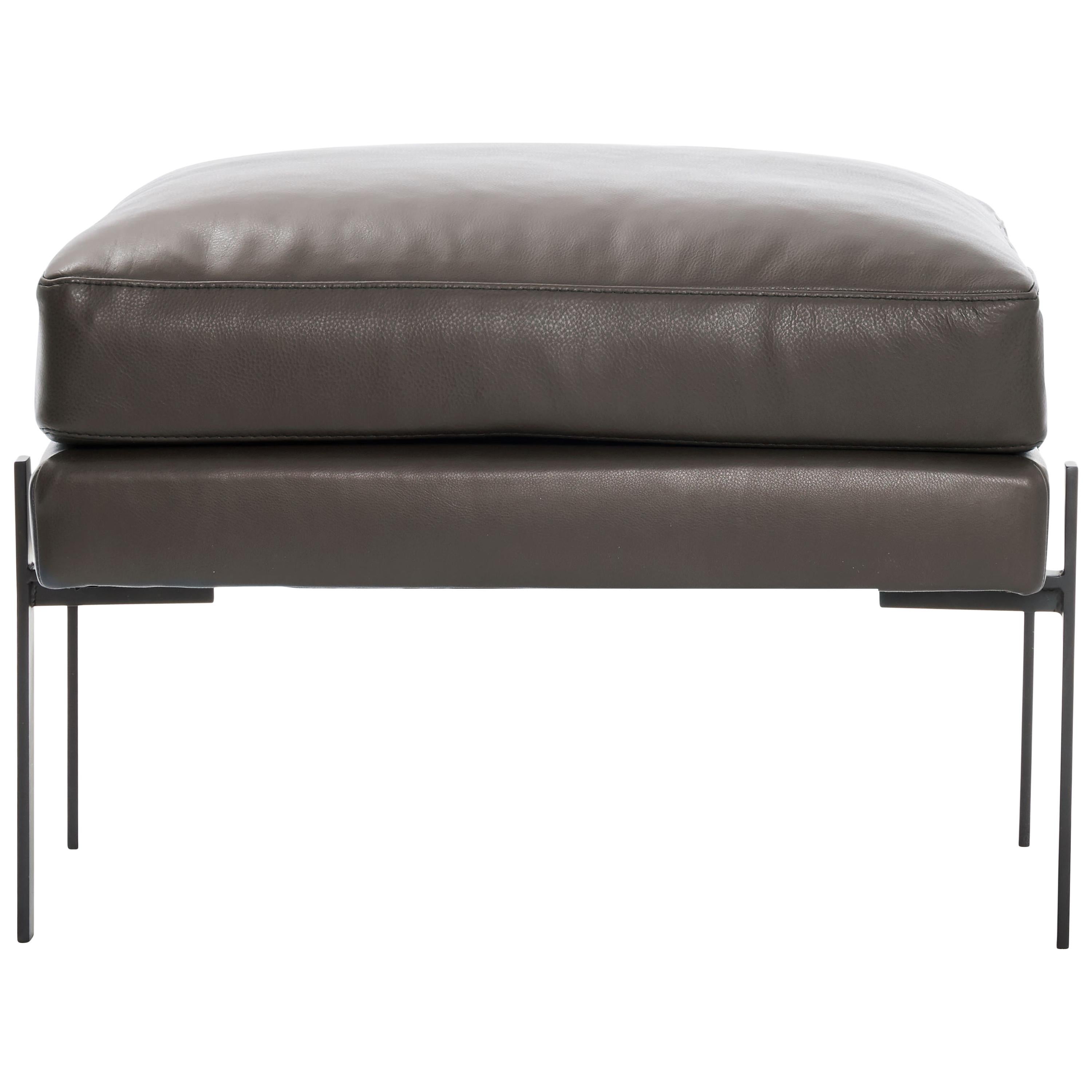 Truss Ottoman in Greige Leather & Powder-Coated Steel by TRNK For Sale