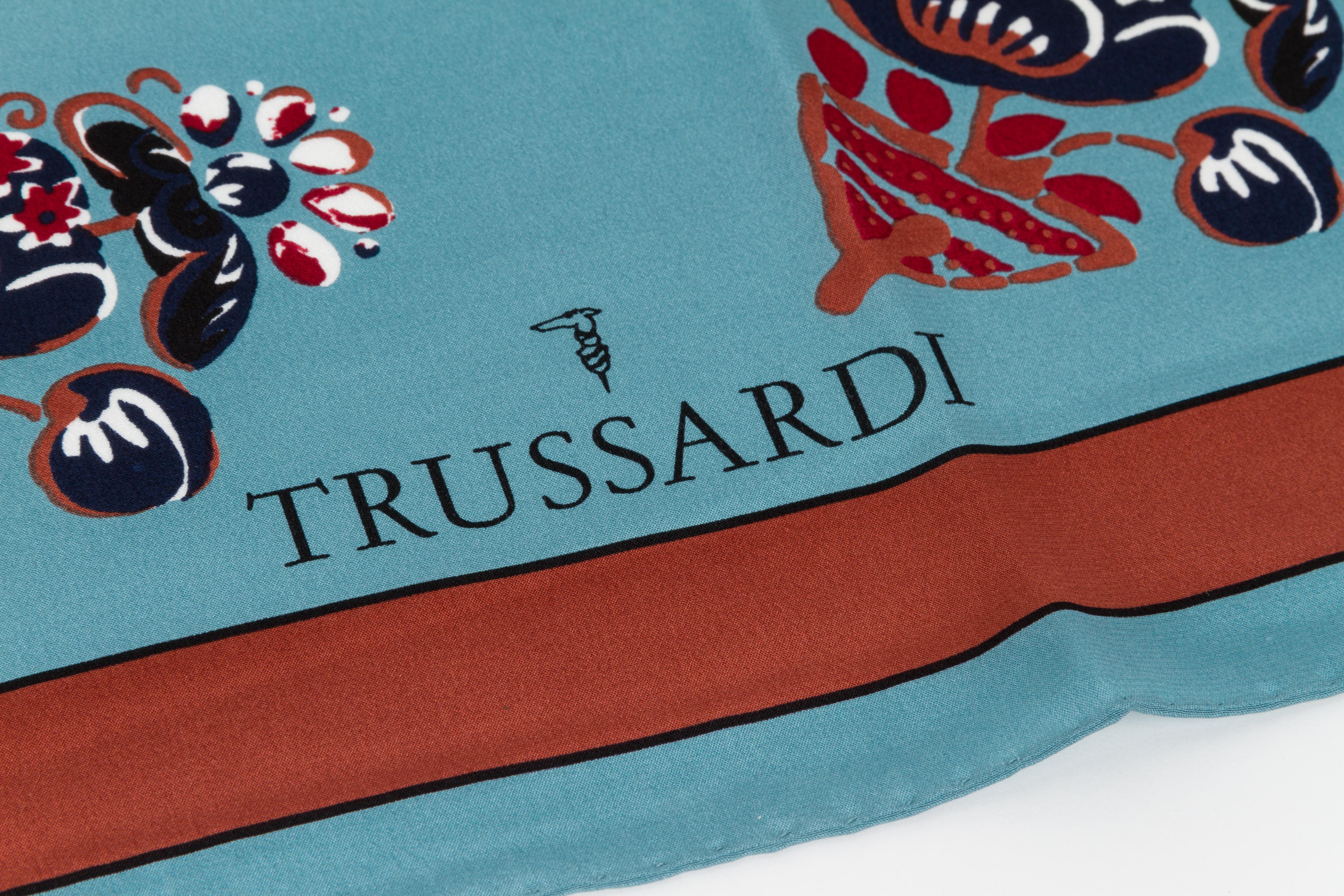 Trussardi brand new with tag avio and brown silk twill scarf. Hand rolled edges.