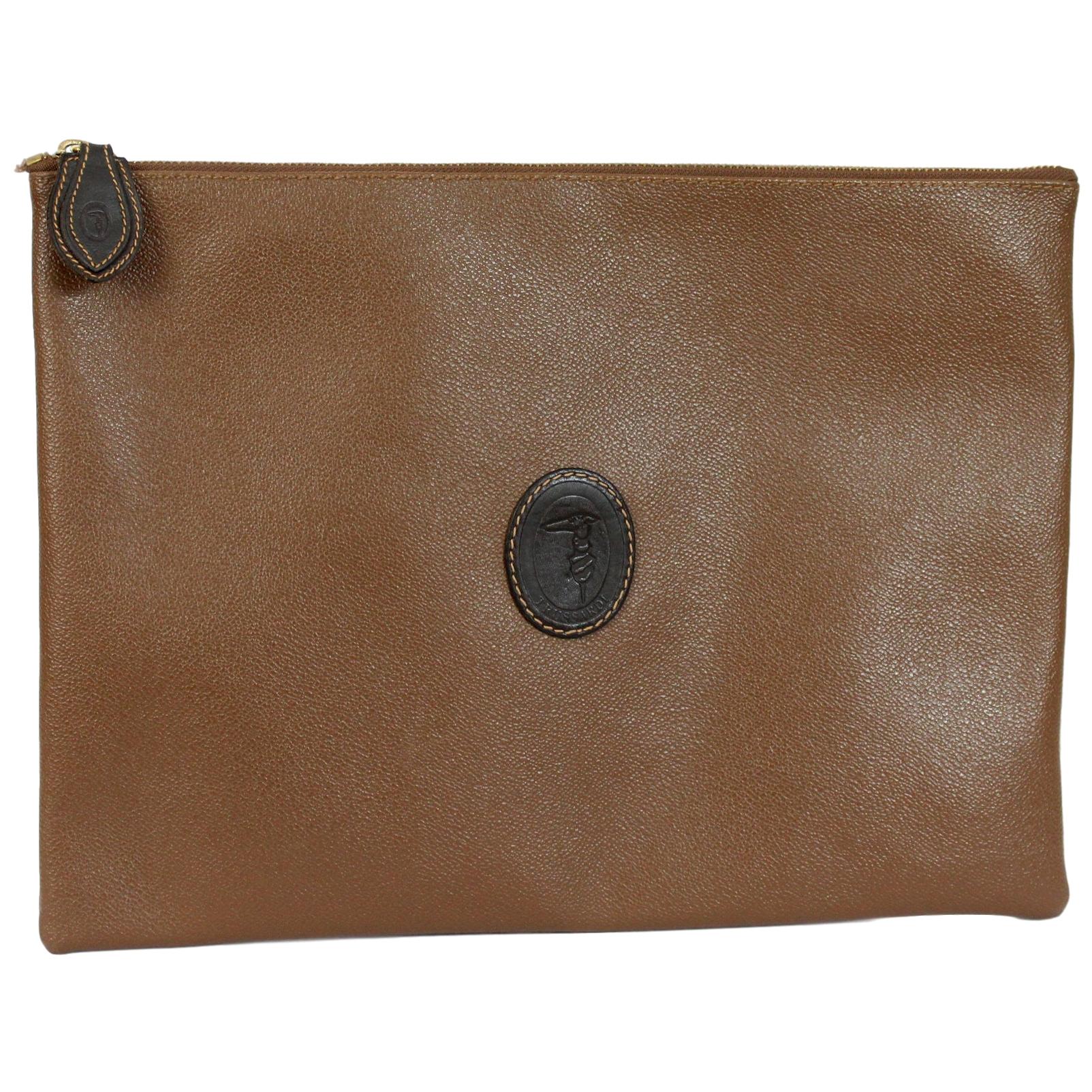 Trussardi Brown Leather Canvas Clutch Bag 