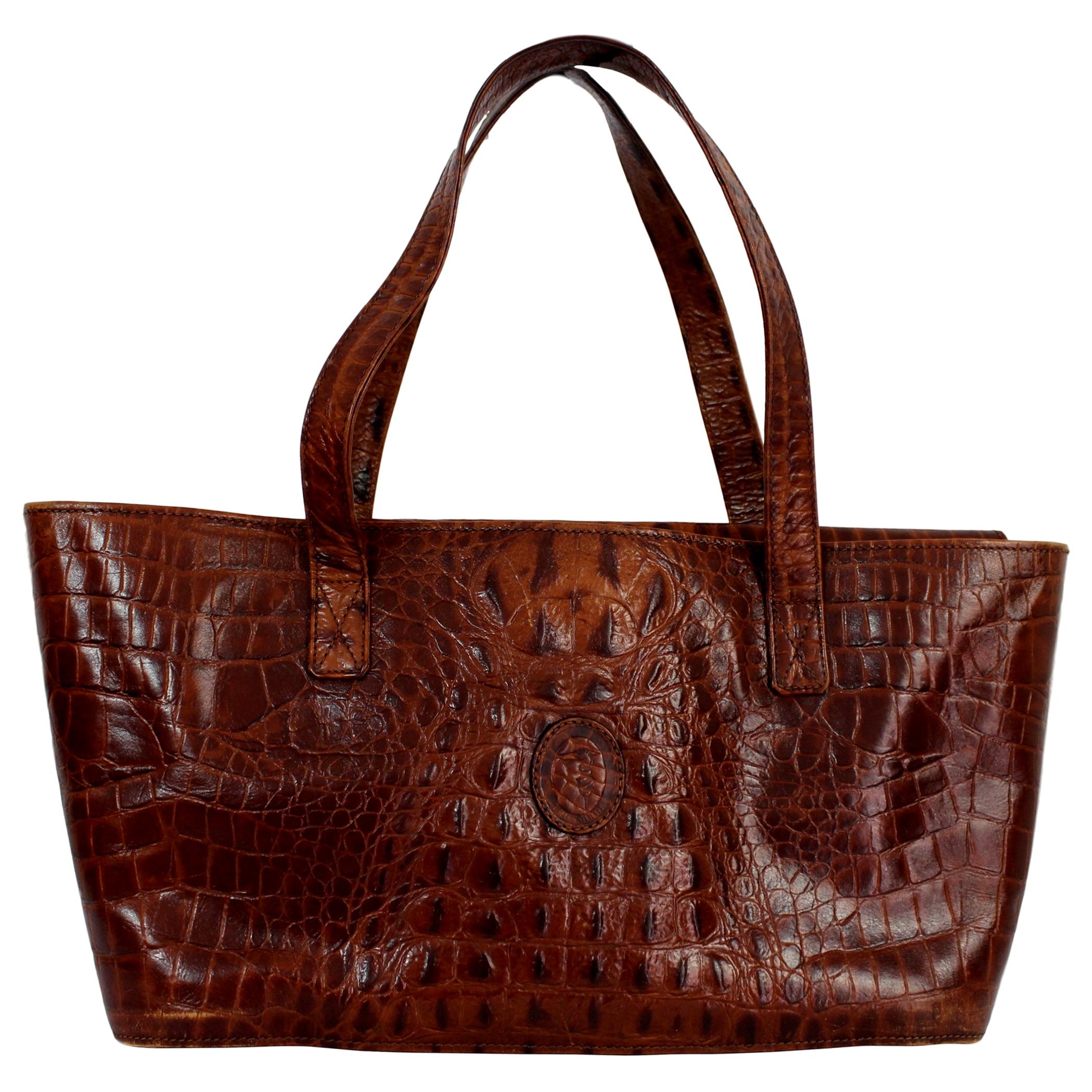 Trussardi Brown Leather Crocodile Shopper Rigid Bag 1980s 