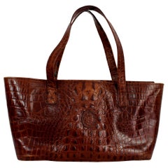 Vintage Trussardi Brown Leather Crocodile Shopper Rigid Bag 1980s 