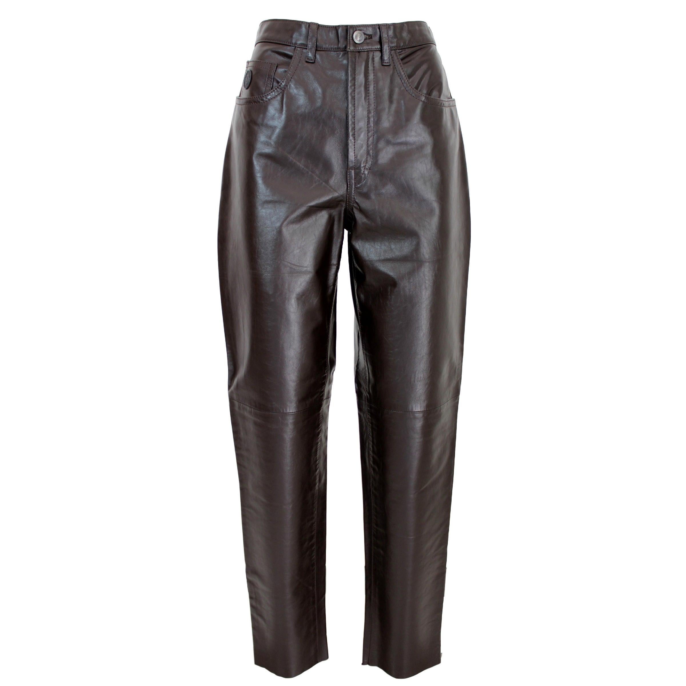 Trussardi Brown Leather Regular Pants 1980s New With Label Biker Trousers