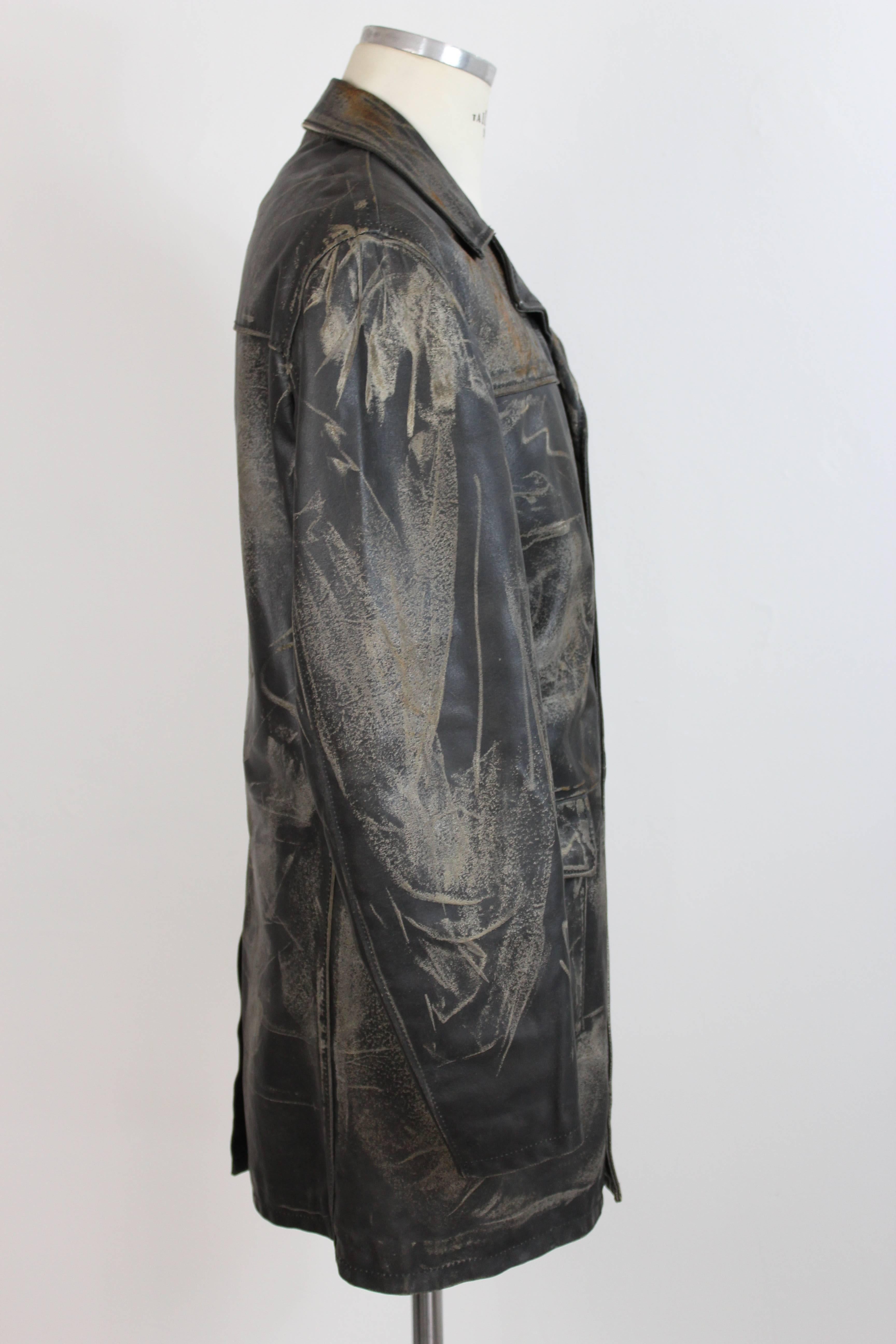 Gray Trussardi Double Breasted Brown Marbled leather Italian Trench Coat, 1980s For Sale