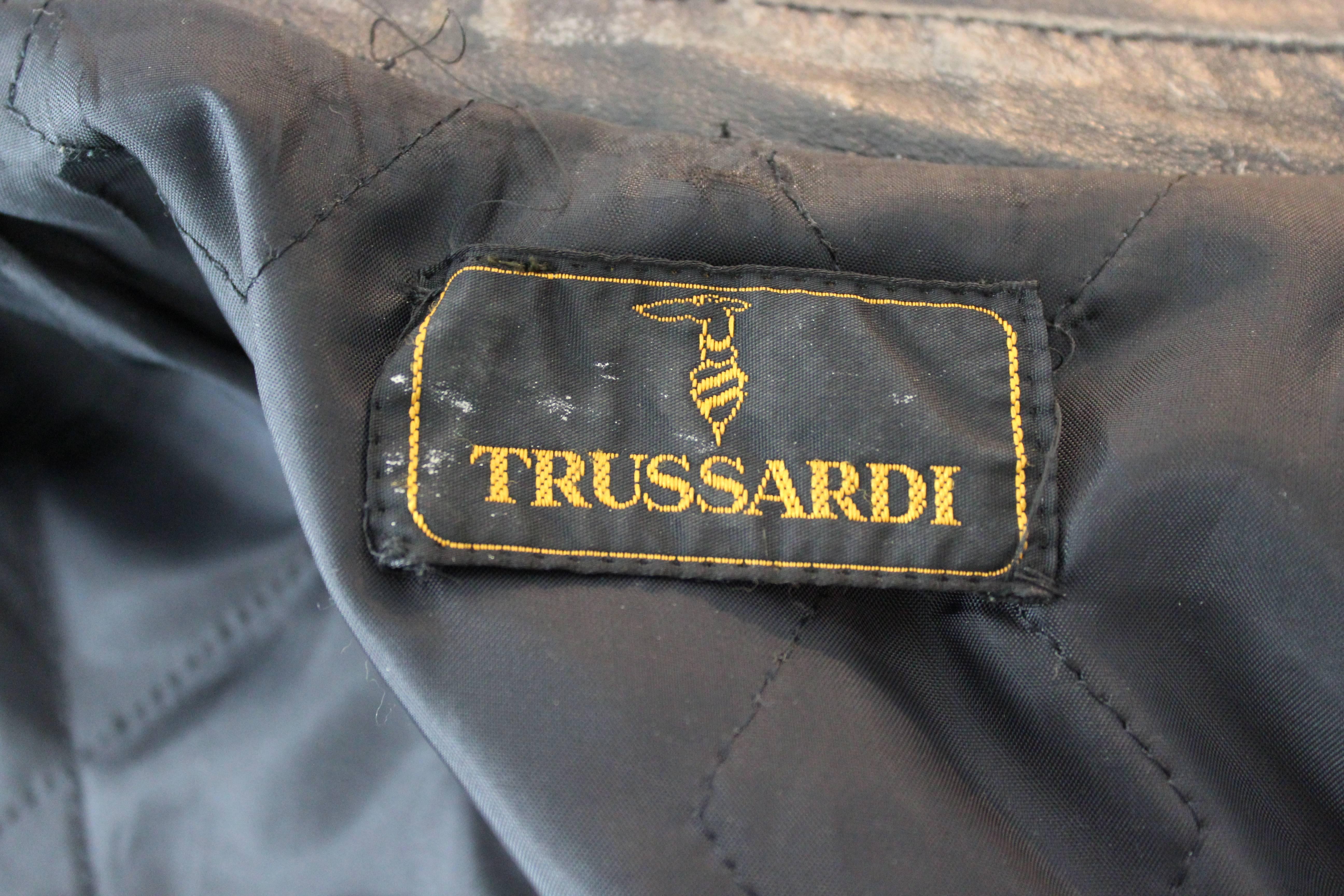 Trussardi Double Breasted Brown Marbled leather Italian Trench Coat, 1980s For Sale 1