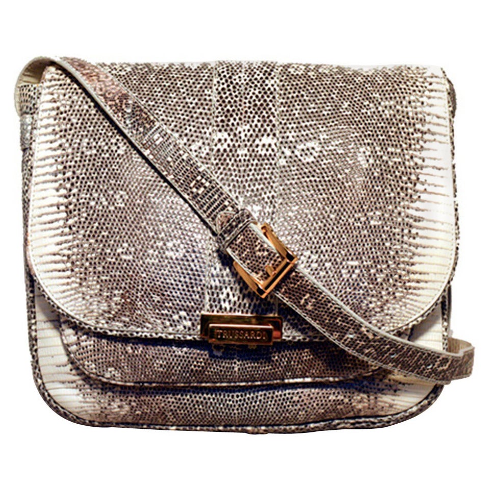 Pre-owned Trussardi Grey And White Ring Lizard Messenger Shoulder Bag