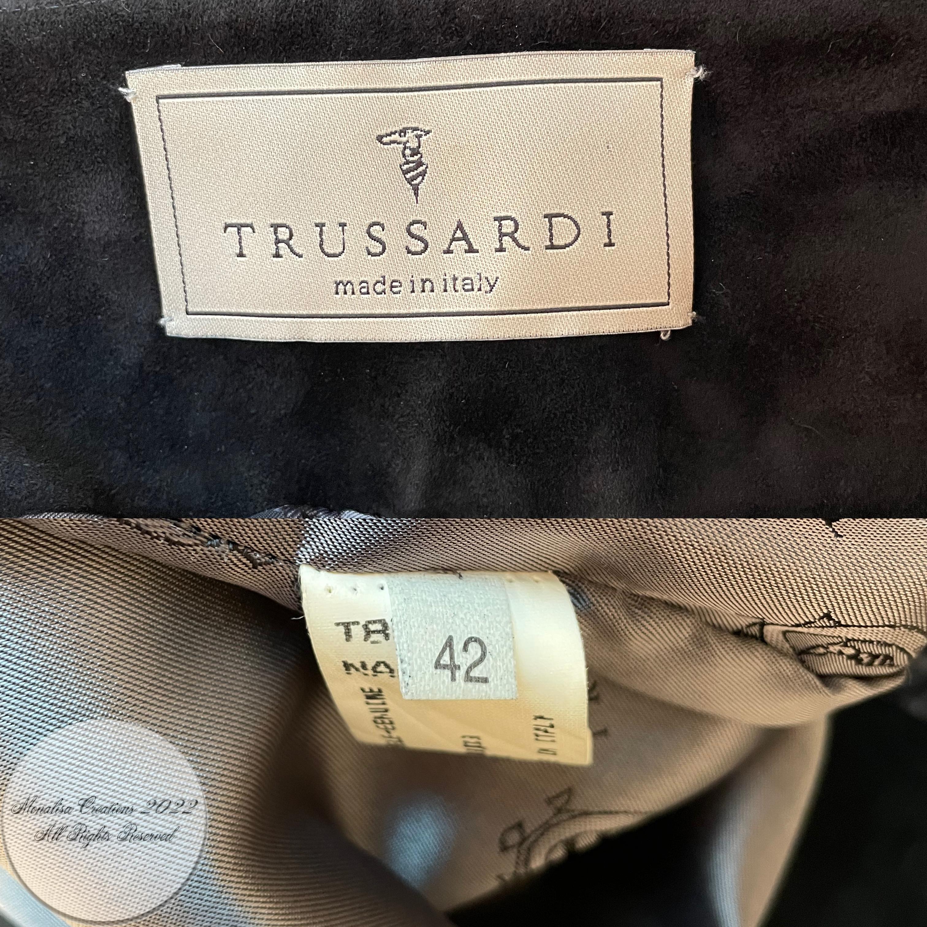 Trussardi Italy Black Leather Pants with Gold Logo Buckle Vintage Size 42 For Sale 1