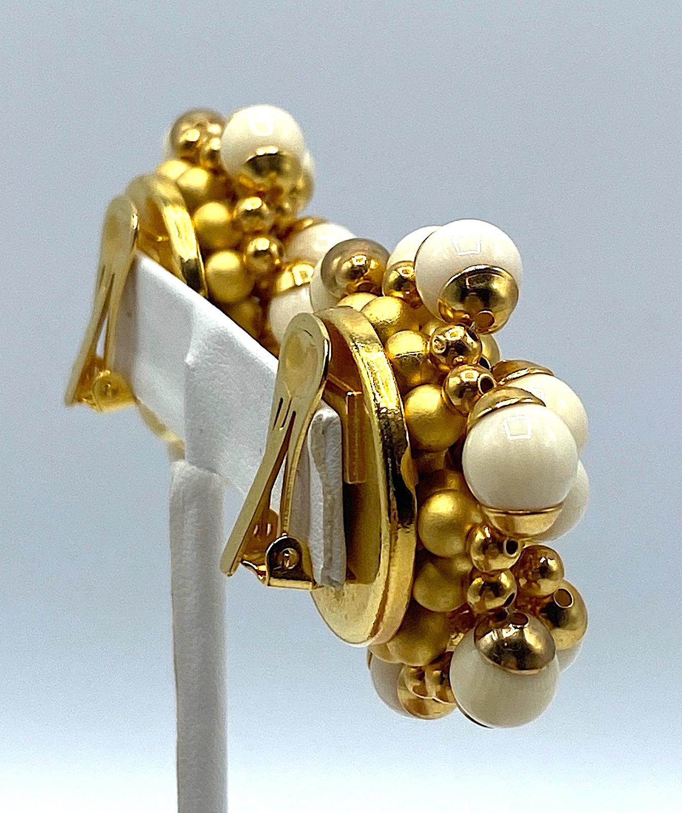 Trussardi Large Ivory and Gold Bead Cluster Earrings 2