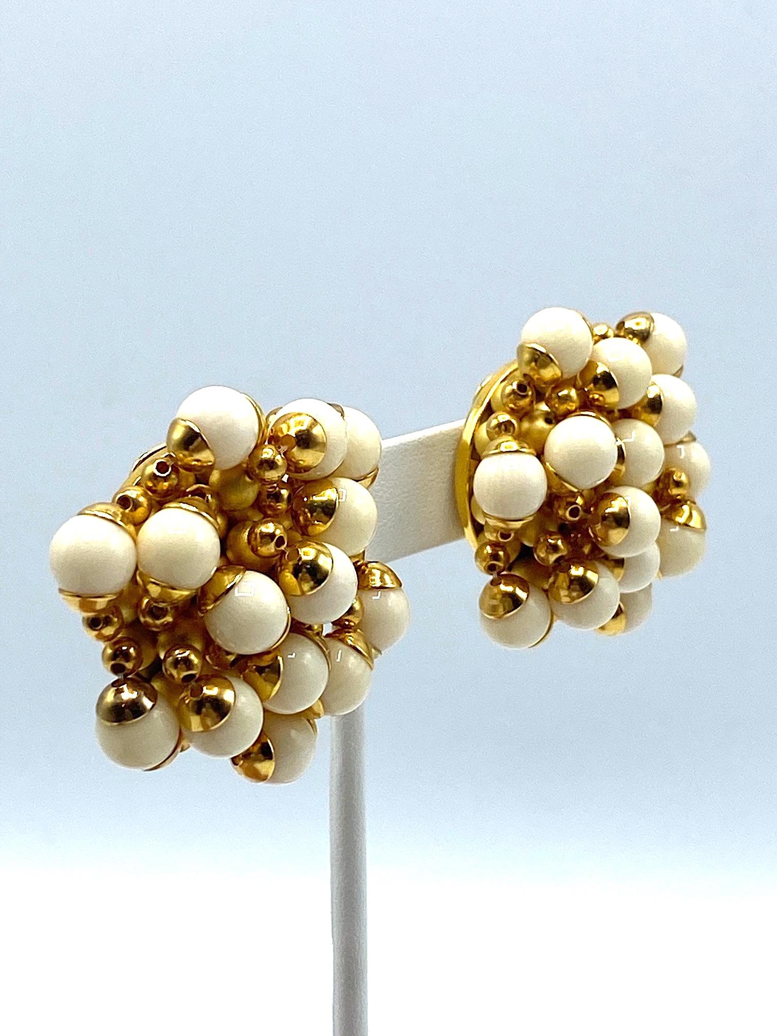 Trussardi Large Ivory and Gold Bead Cluster Earrings 3