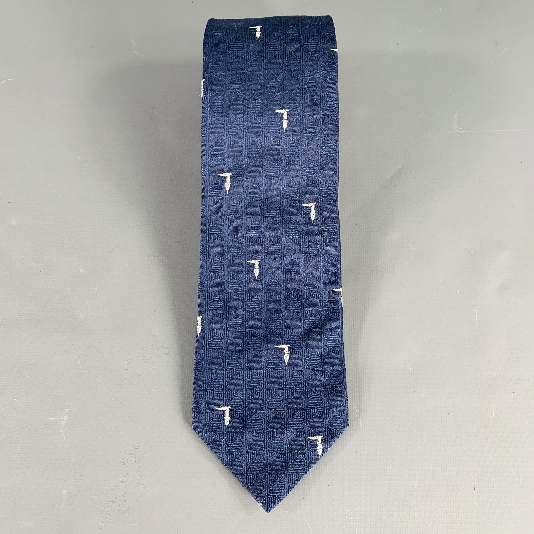 Purple TRUSSARDI Navy White Textured Logo Silk Tie For Sale