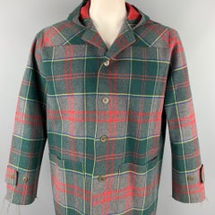 TRUSSARDI Size L Green & Red Plaid Leather Lined Hooded Coat
