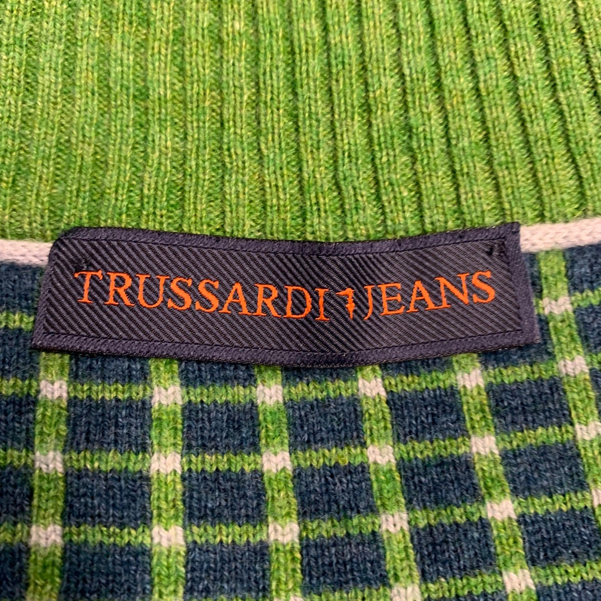 TRUSSARDI Size L Green Wool Blend Zip Up Cardigan For Sale 1