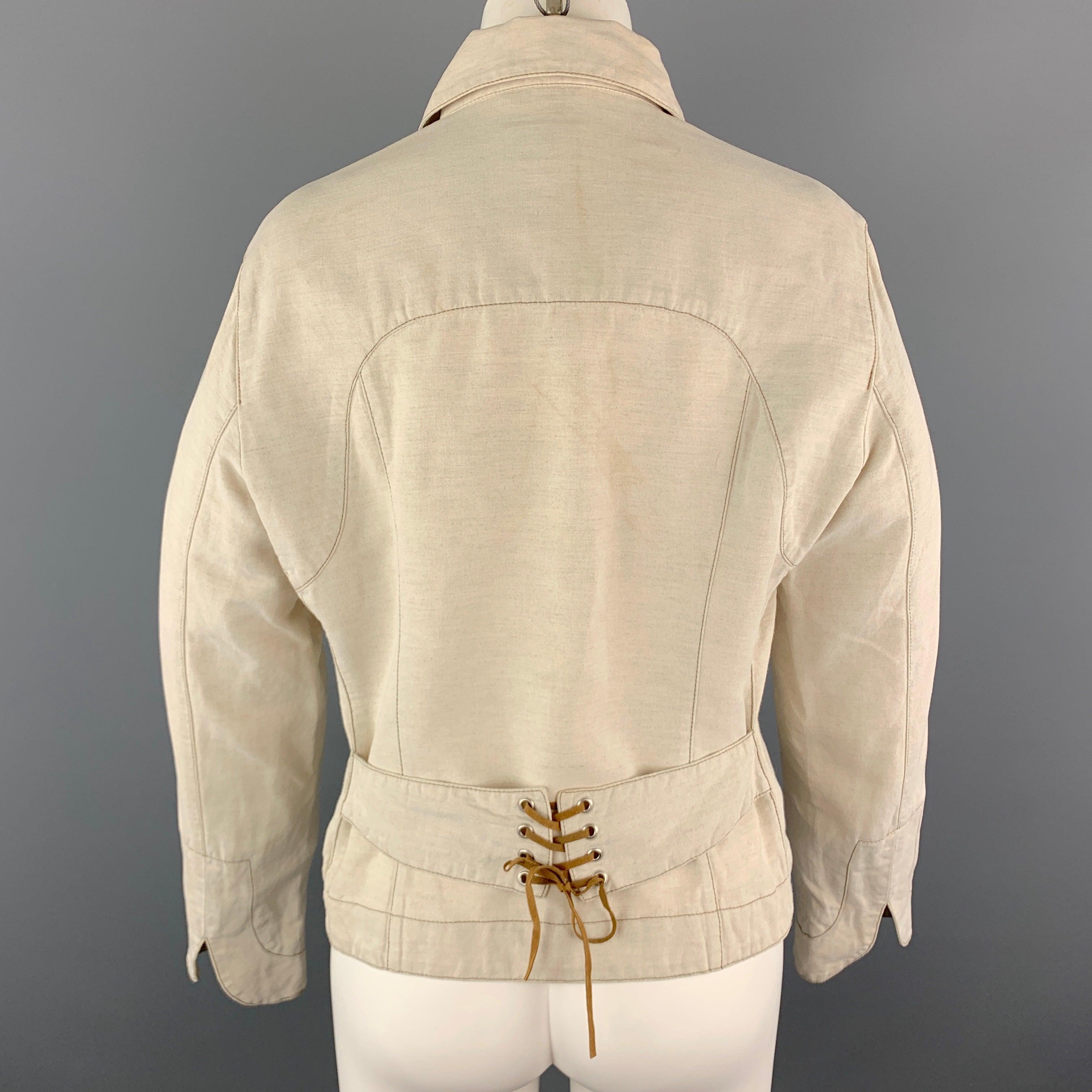 TRUSSARDI Size S Beige Cotton / Flax Zip Up Contrast Stitch Jacket In Good Condition For Sale In San Francisco, CA
