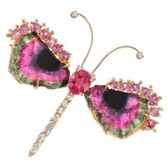 Trusso Watermelon Tourmaline Pink Sapphire Diamond Dragonfly Brooch Pendant