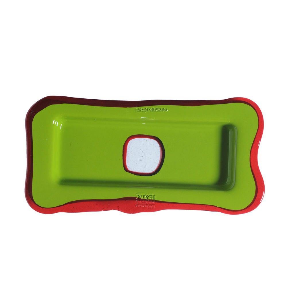 Großes, rechteckiges Tablett in mattem Grün mit klarem Rubin von Gaetano Pesce