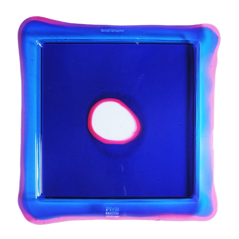 Grand plateau carré « Try-Tray » en bleu et fuchsia transparent de Gaetano Pesce