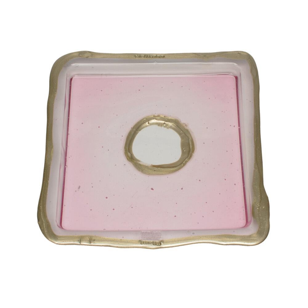 Try-Tray Medium Square Tray in Clear Pink and Bronze by Gaetano Pesce
