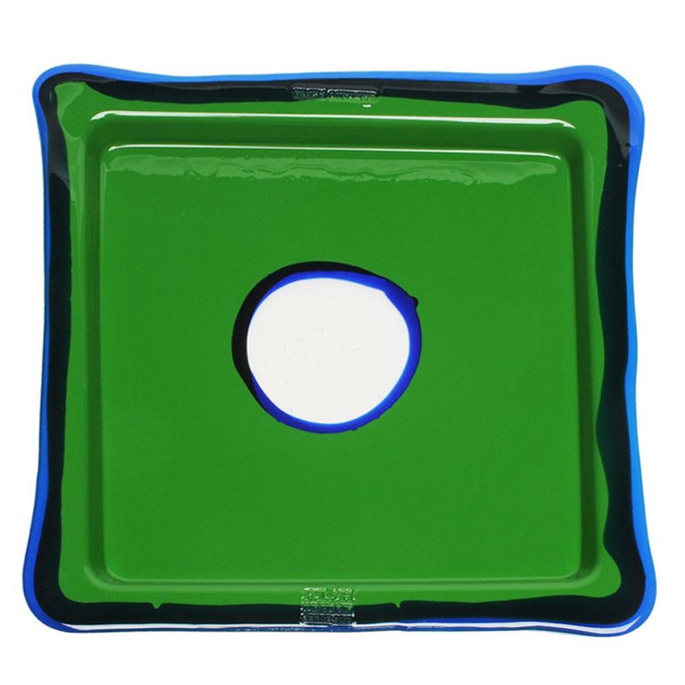 Mittelgroßes, quadratisches Tablett in mattem Grasgrün, Blau von Gaetano Pesce