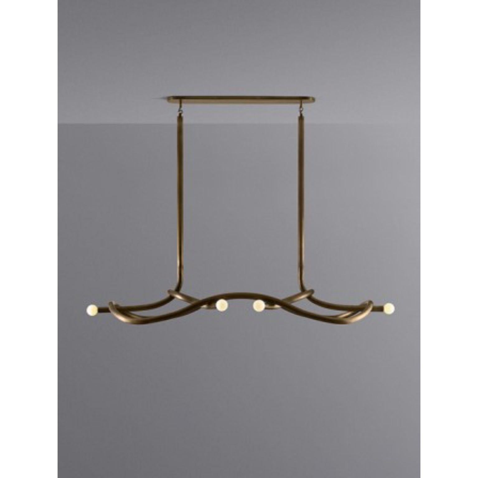 Tryst six chandelier by Paul Matter
Materials: Brass and porcelain finish glass
Dimensions: D205.7 x W111.7 x H 182.8 cm
Wight: 30 kg

Tryst chandelier explores the relationship between interlocked forms in perfect union and balance. A study of