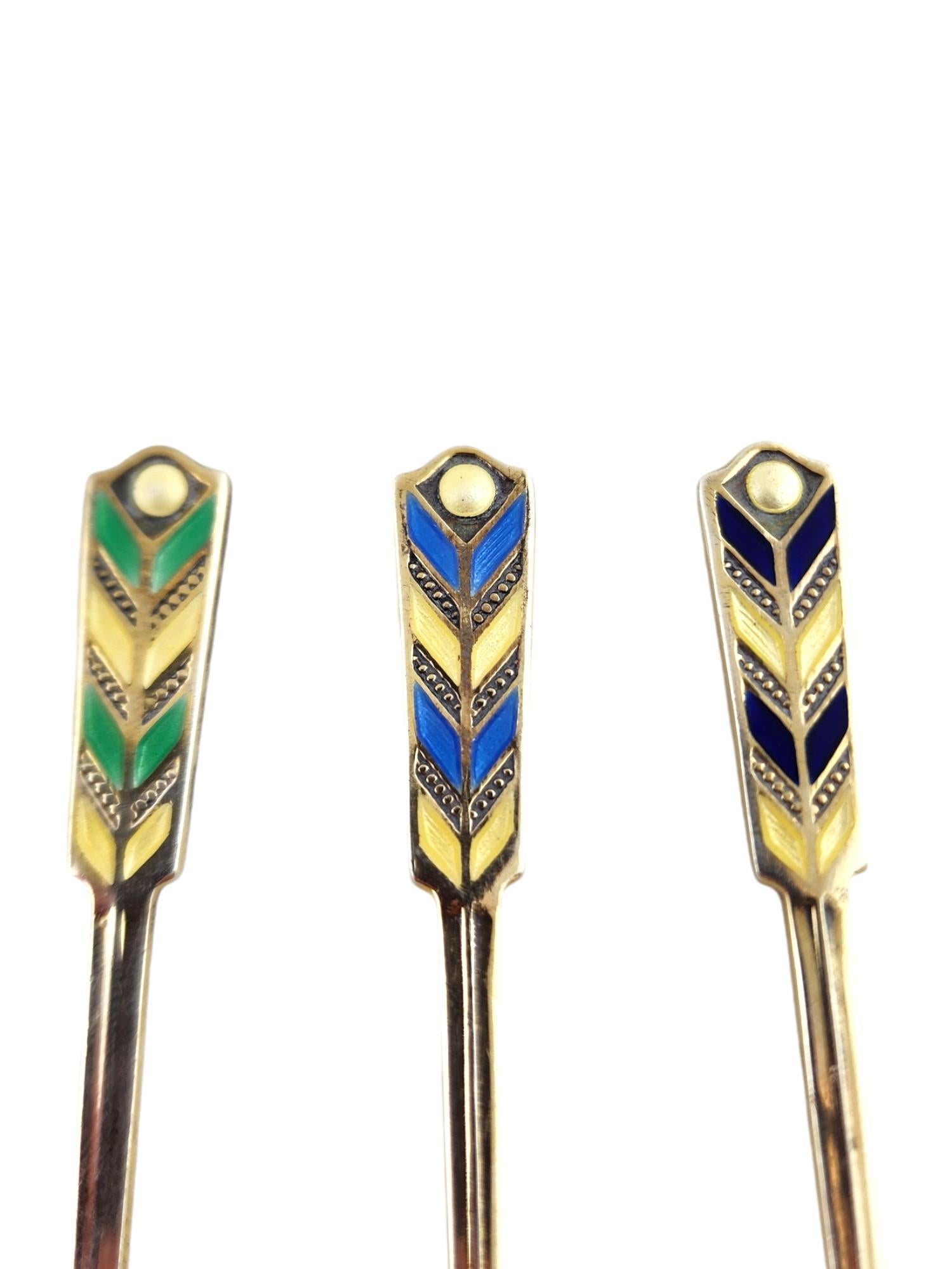 T&S Birmingham England Set of 5 Sterling Silver Enamel Chevron Spoons #18694 In Good Condition For Sale In Washington Depot, CT