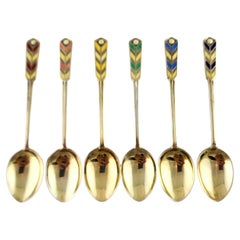 T&S Birmingham England Set of 5 Sterling Silver Enamel Chevron Spoons #18694