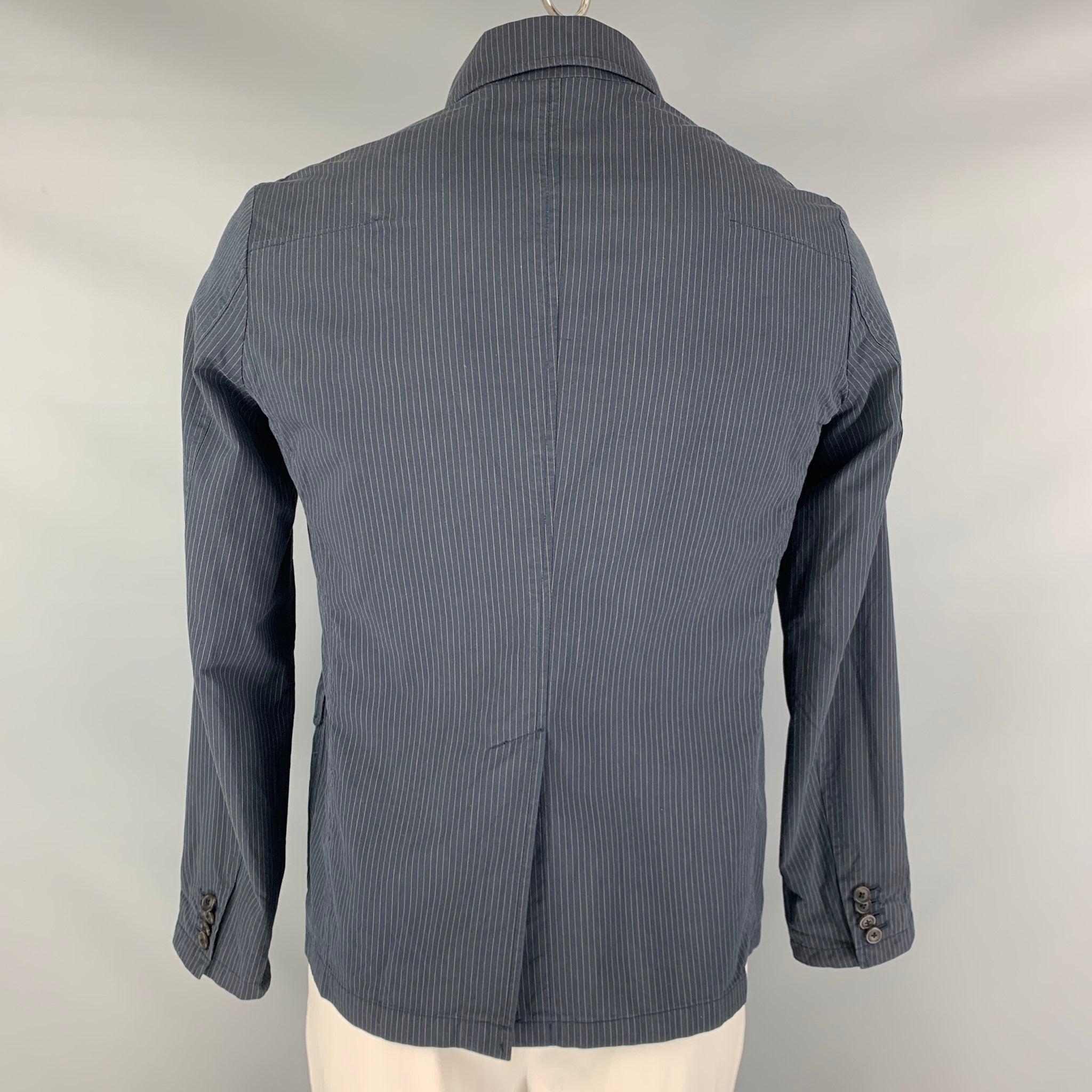 TS (S) Size L Navy Tan Pinstripe Cotton Silk Jacket In Good Condition For Sale In San Francisco, CA