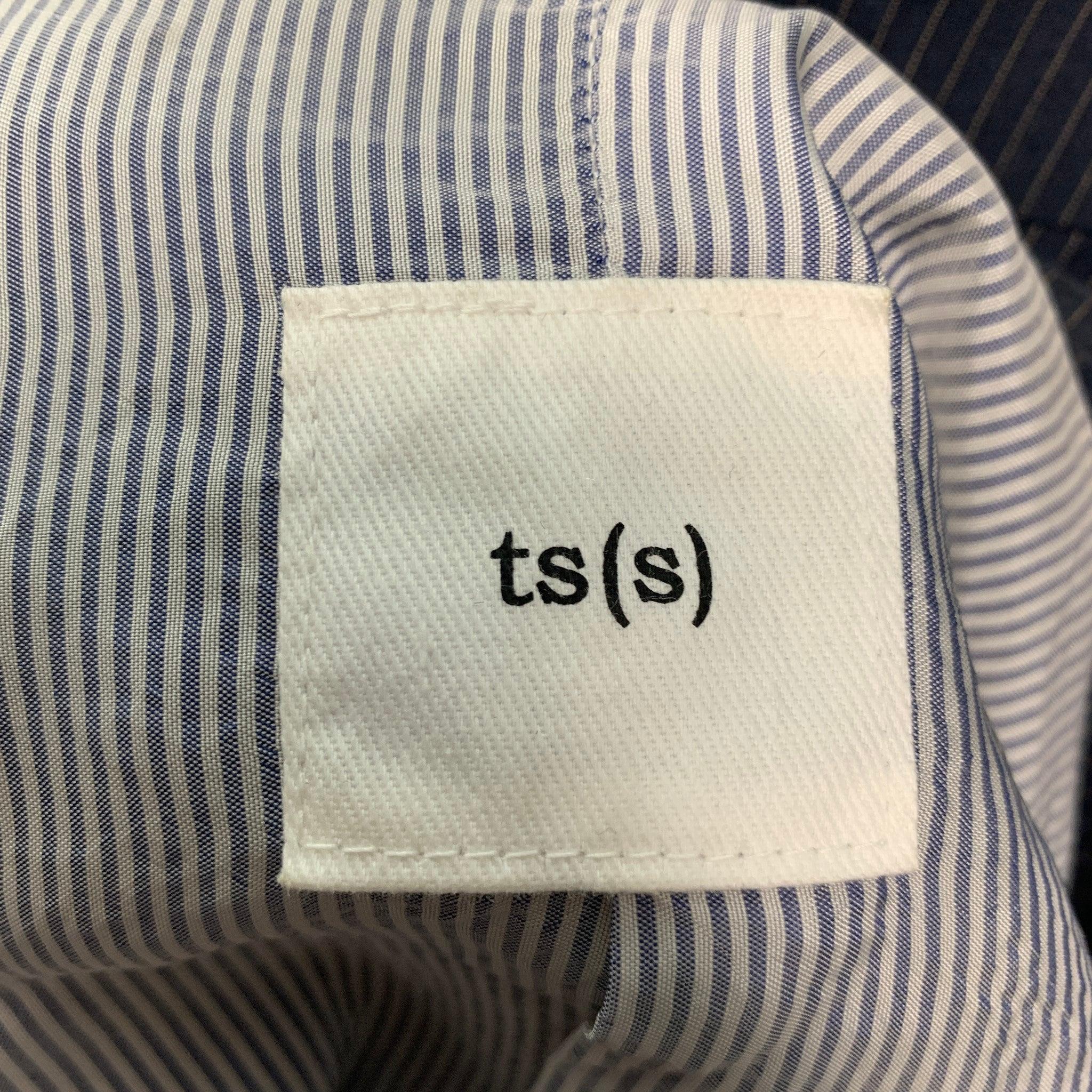 Men's TS (S) Size L Navy Tan Pinstripe Cotton Silk Jacket For Sale