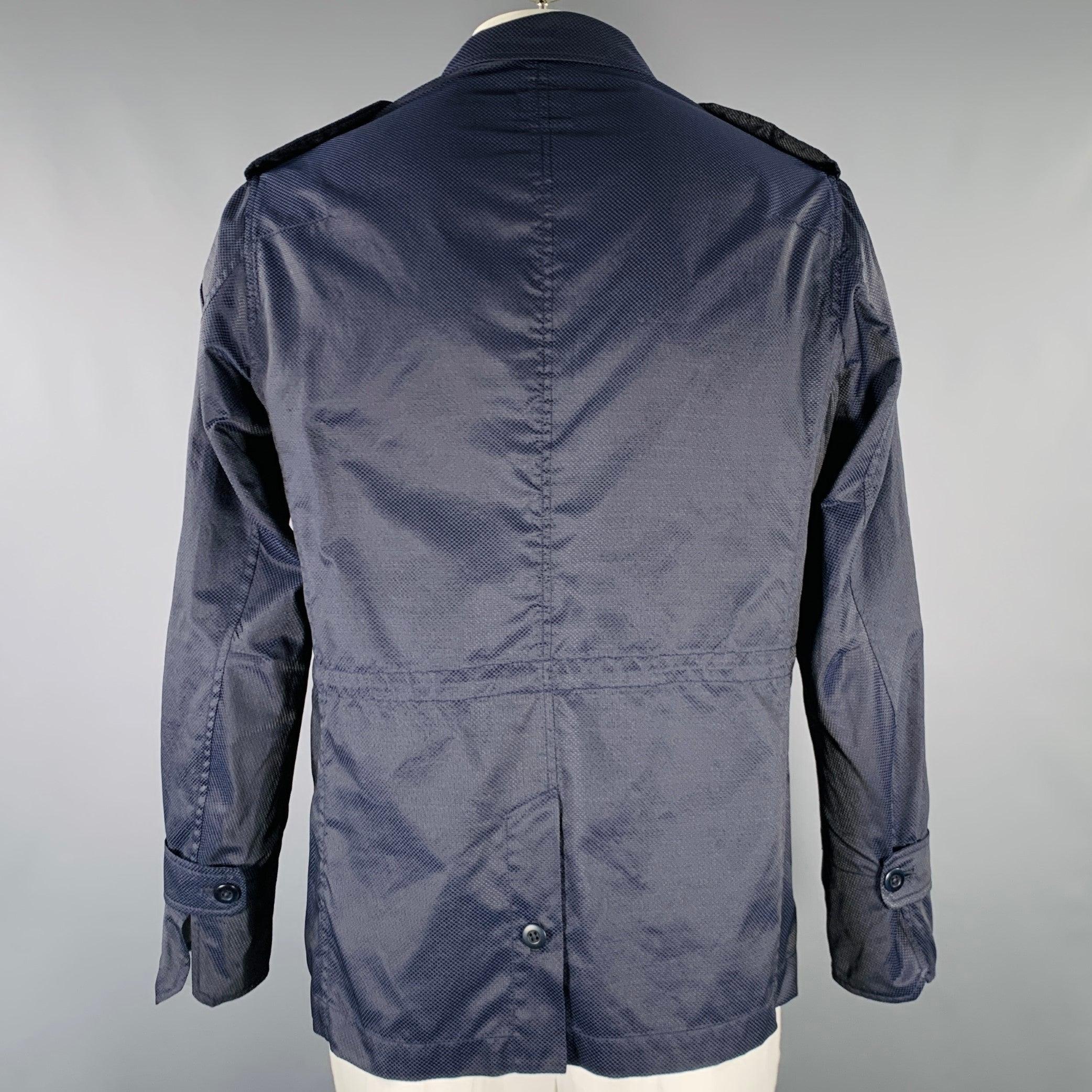 Black TS (S) Size L Navy Textured Cotton Drawstring Hacking Jacket For Sale