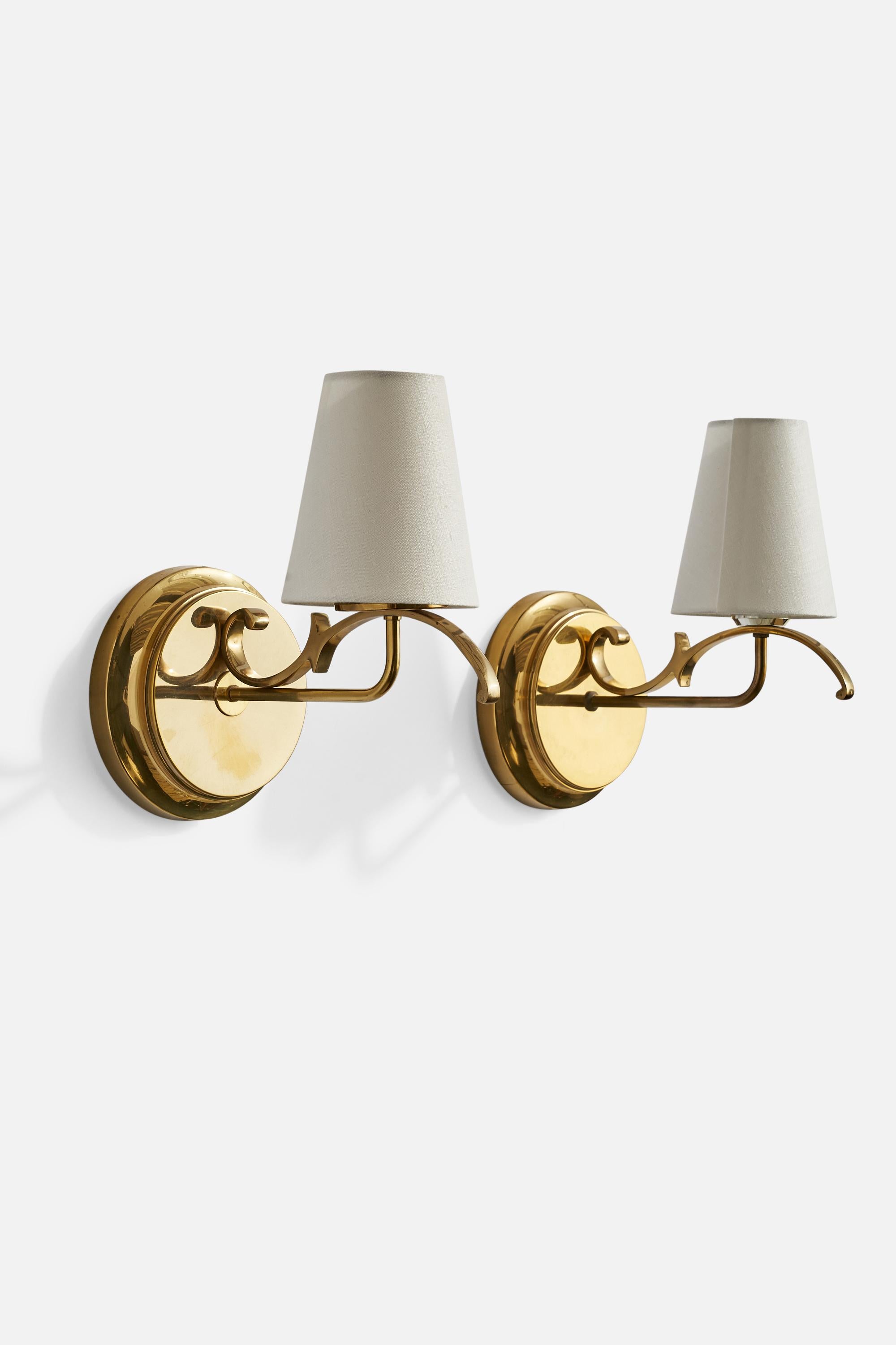 Swedish TSAR, Wall Lights, Brass, Fabric, Sweden, 1970s For Sale