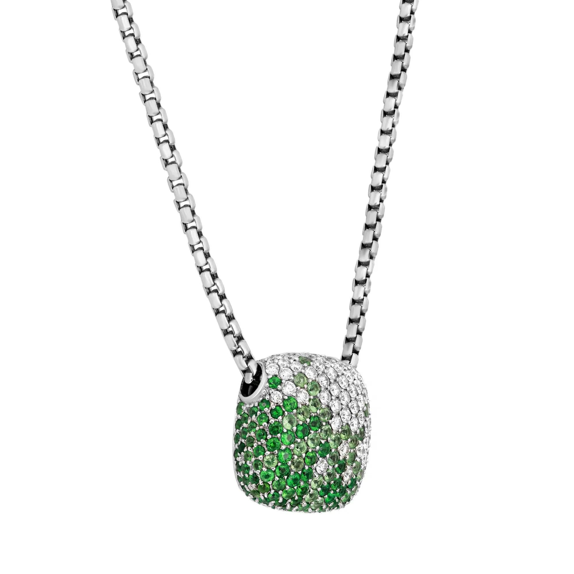 This beautiful and elegant pendant necklace will leave everyone speechless the moment they see it. This necklace features a square pendant encrusted with round brilliant cut white diamonds weighing 1.65 carats and green tsavorite stones weighing