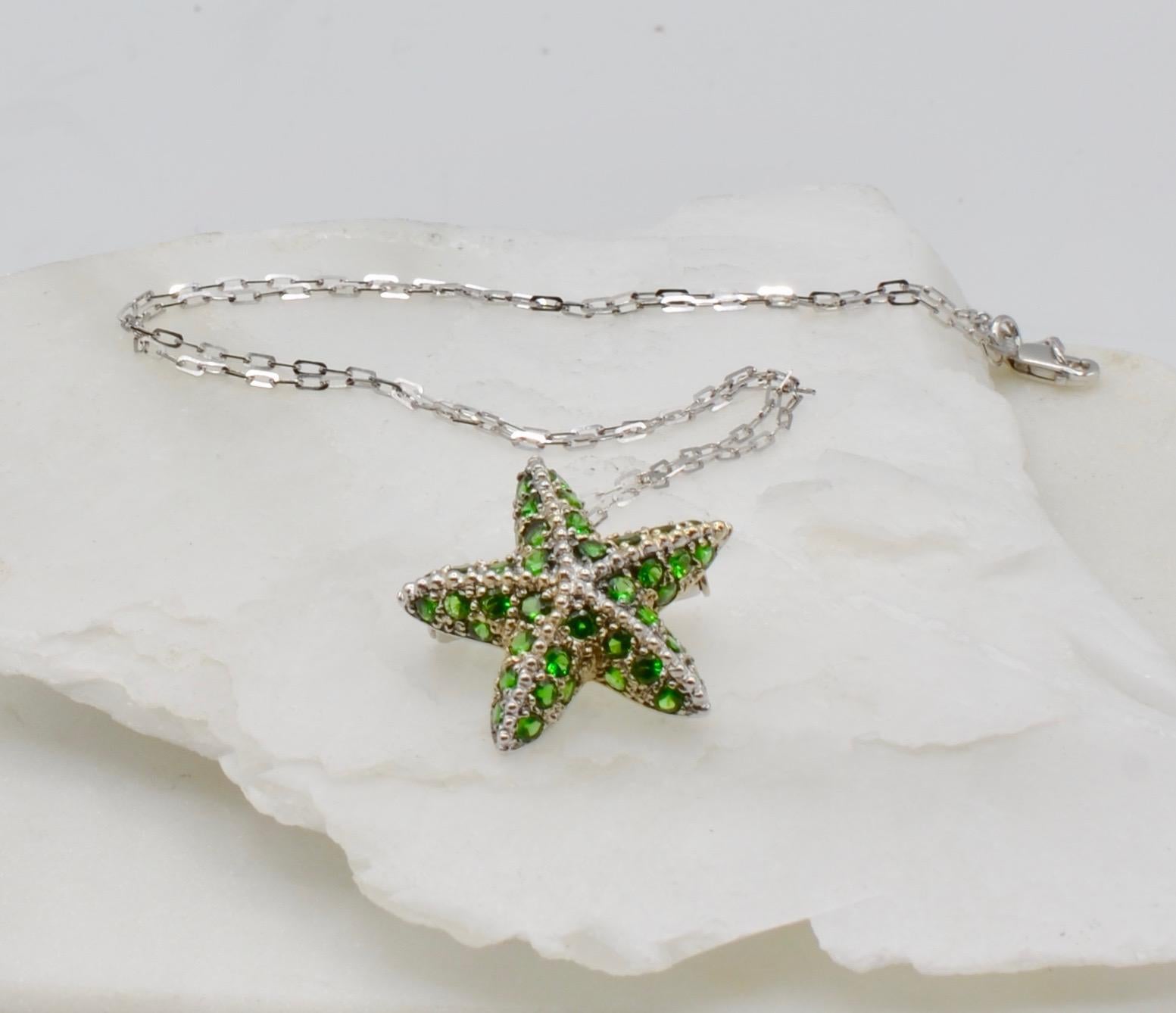 Modernist Tsavorite and 14 Karat White Gold Starfish Brooch and Pendant For Sale