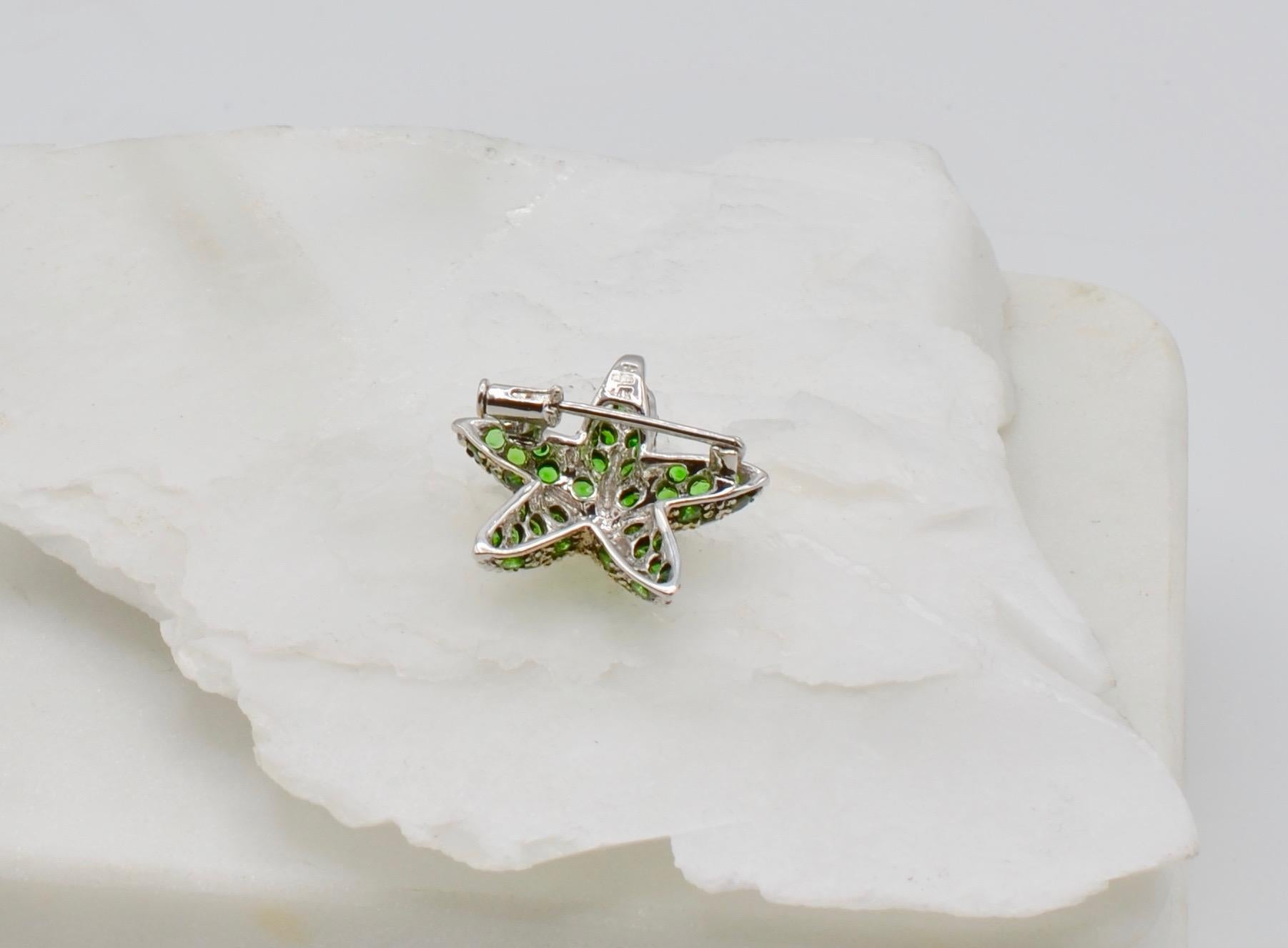 Round Cut Tsavorite and 14 Karat White Gold Starfish Brooch and Pendant For Sale