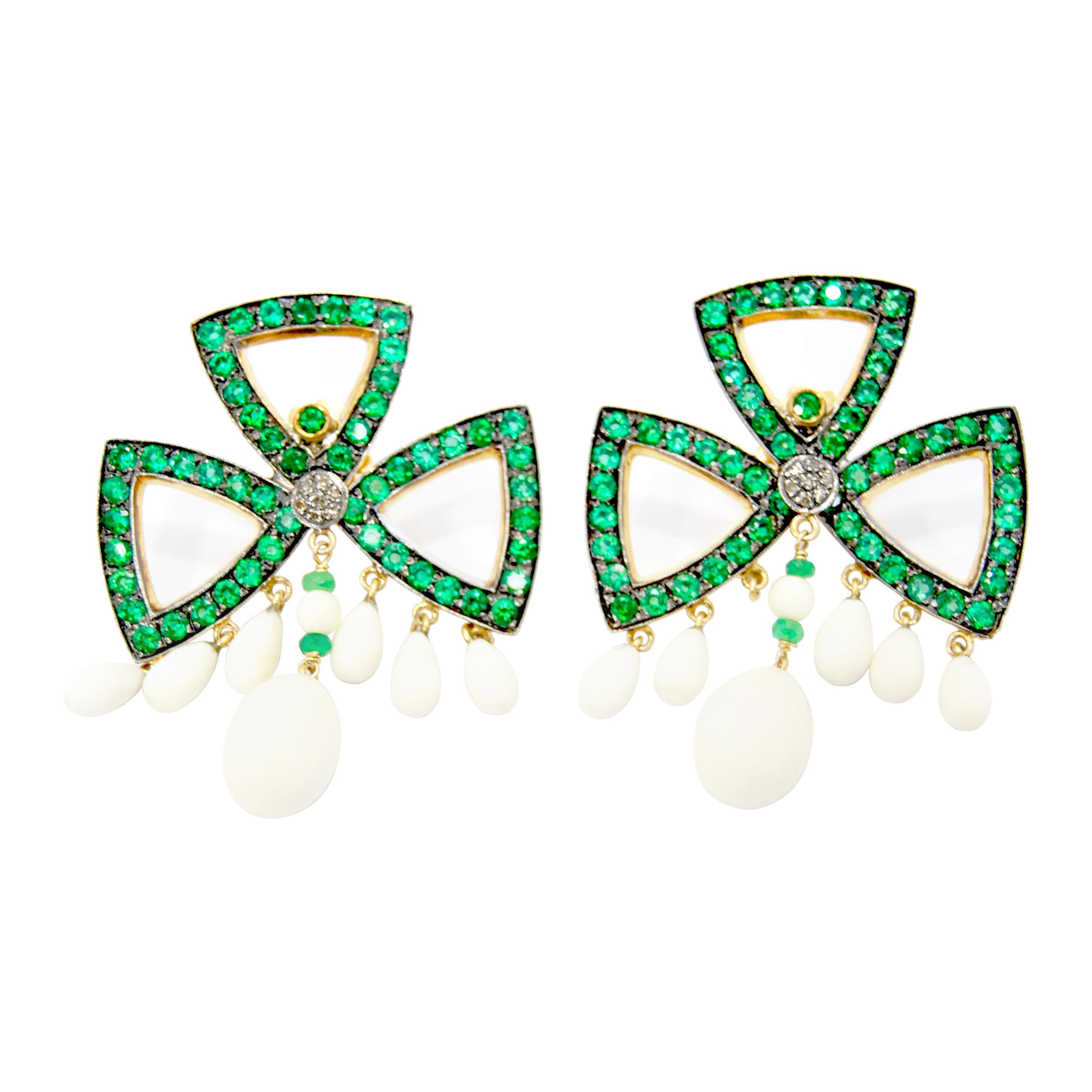 Tsavorite and Calcedony Clover Earrings in 18 Karat Gold and Silver