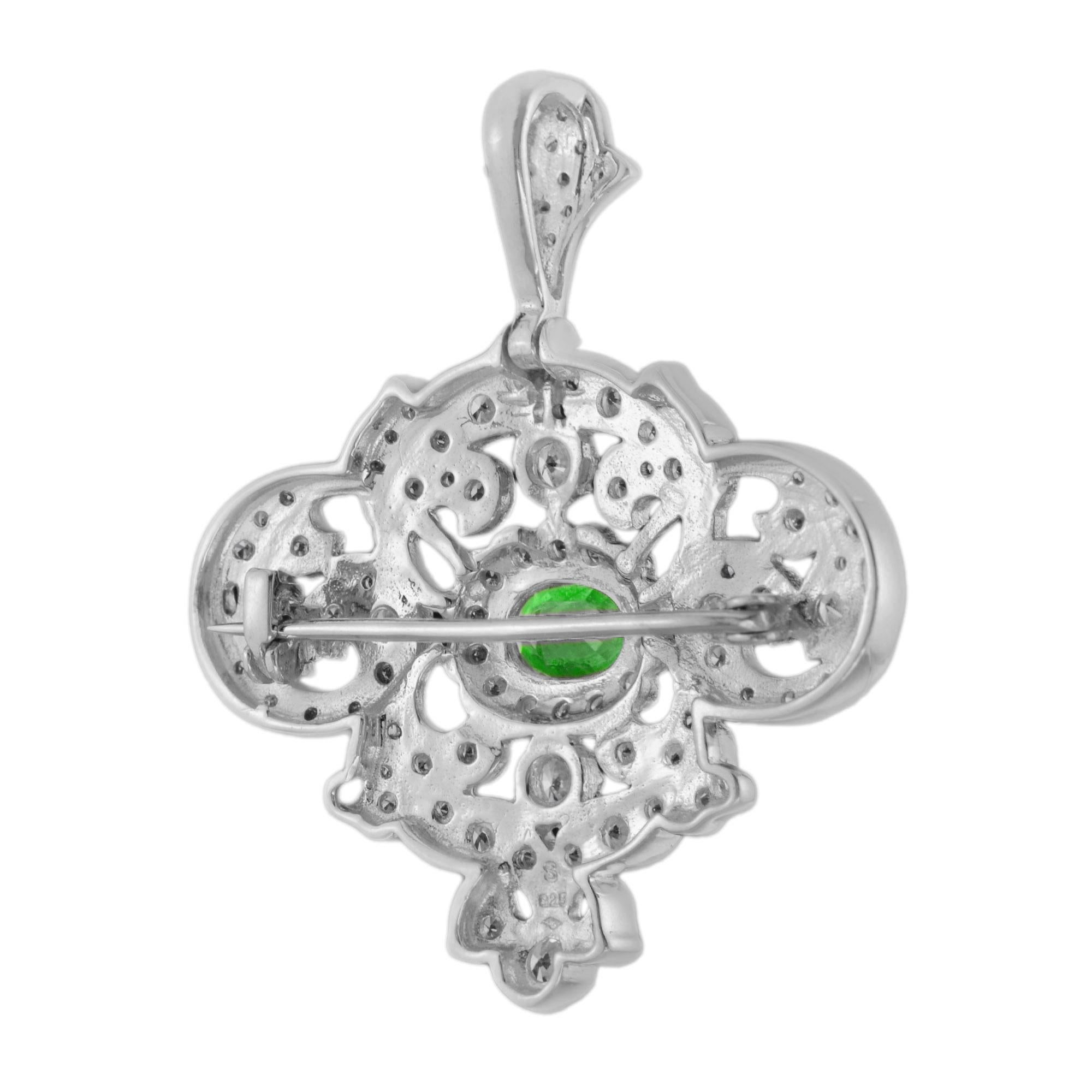 Oval Cut Tsavorite and Diamond Antique Style Brooch Pendant in 18k White Gold For Sale