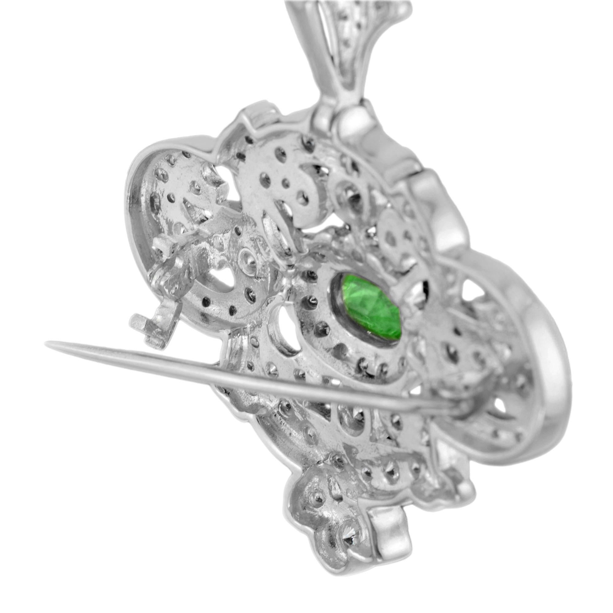 Tsavorite and Diamond Antique Style Brooch Pendant in 18k White Gold In New Condition For Sale In Bangkok, TH